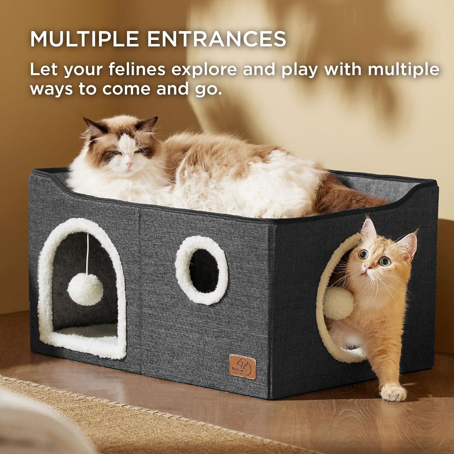 Bedsure Large Cat Beds for Indoor Cats - Extra Wide Cat Cube House for Small Pet with Fluffy Ball Hanging and Scratch Pad, Foldable Pet Cave Hideaway for Multiple Cats, 23.6x16.9x13 inches, Dark Grey - Pet Explorer