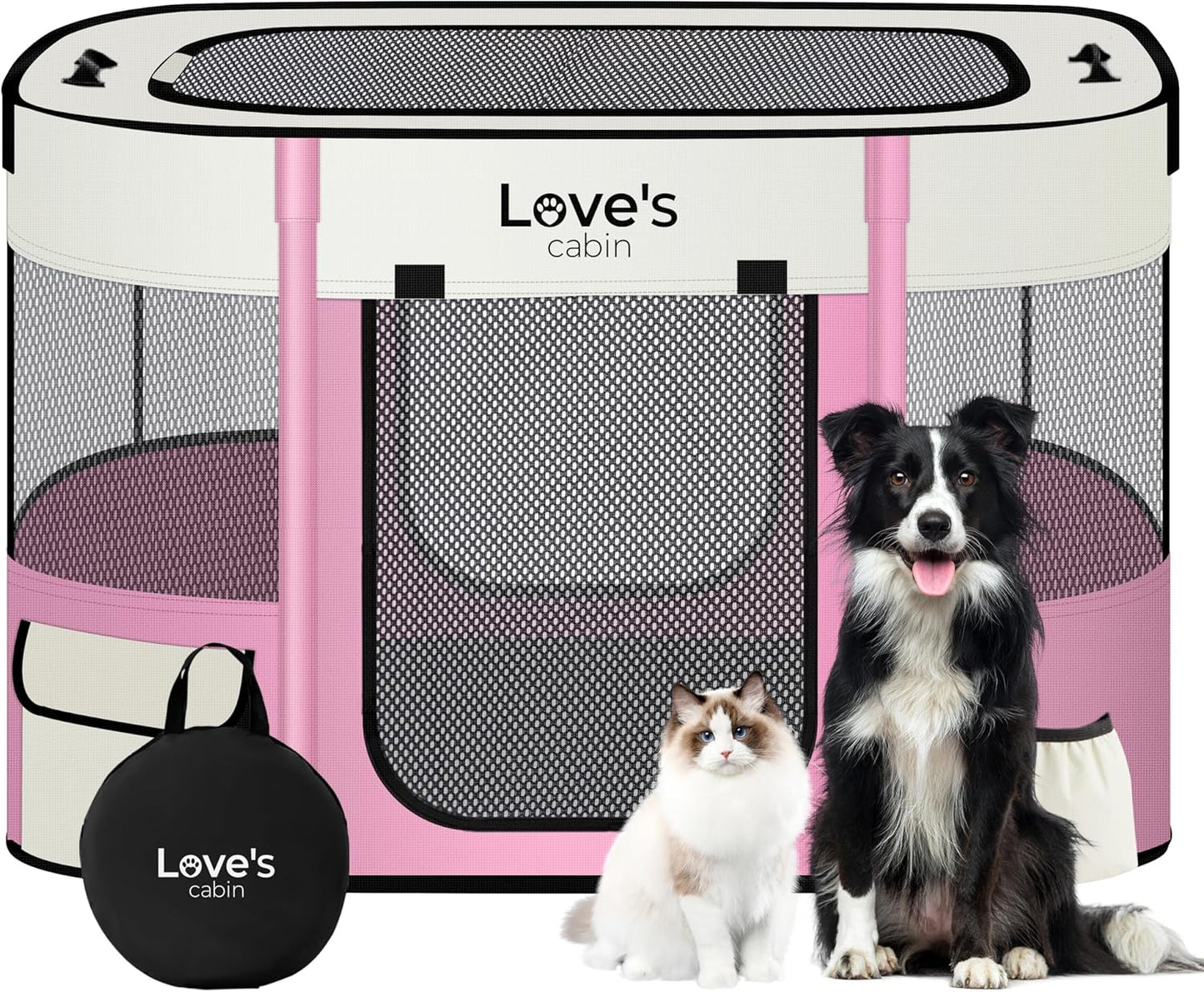Love's cabin Pet Puppy Dog Playpen, Medium Dog Tent Crates Cage Indoor/Outdoor, Portable Exercise Playpen for Cat, Foldable Pop Up Dog Kennel Playpen with Carring Case (M, Light Pink) - Pet Explorer