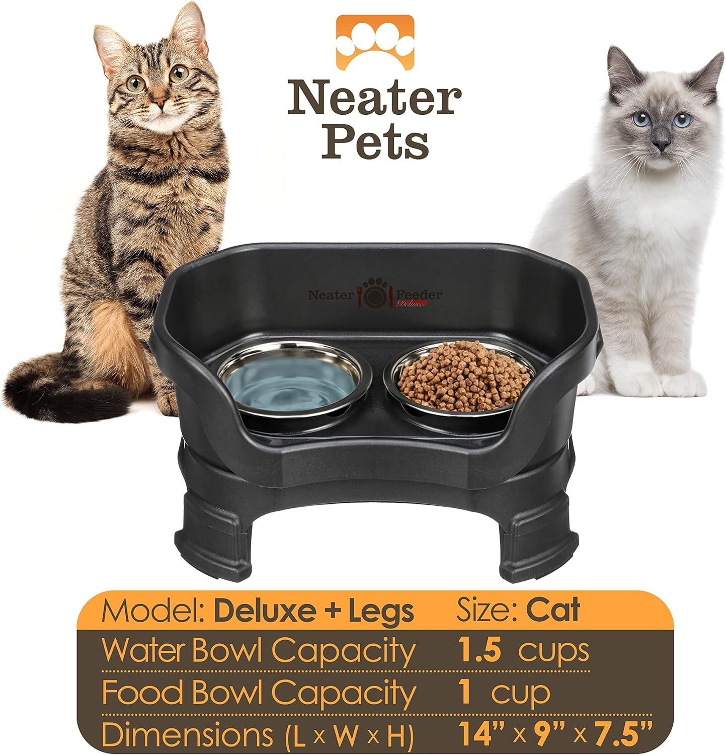 Neater Feeder Deluxe Mess Proof Cat Bowls Elevated for All Breeds – Made in USA – No Spill Raised Cat Bowls for Indoor Cats w/Leg Extensions – Stainless Steel Cat Food and Water Bowl Set - Black - Pet Explorer