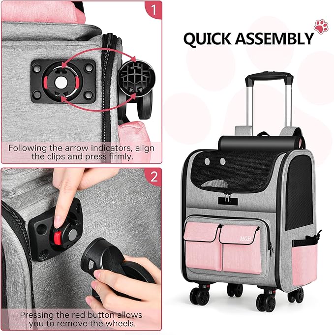MGB Large Pet Carrier, Foldable Rolling Dog Carrier with Removable Wheels, Cat Rolling Bag 21.3"x15"x12.6" for 2 Cats & 1 Dog for Travel, Outdoor, Vet Visits, Camping, Indoor. Pink. (Not for Airline)
