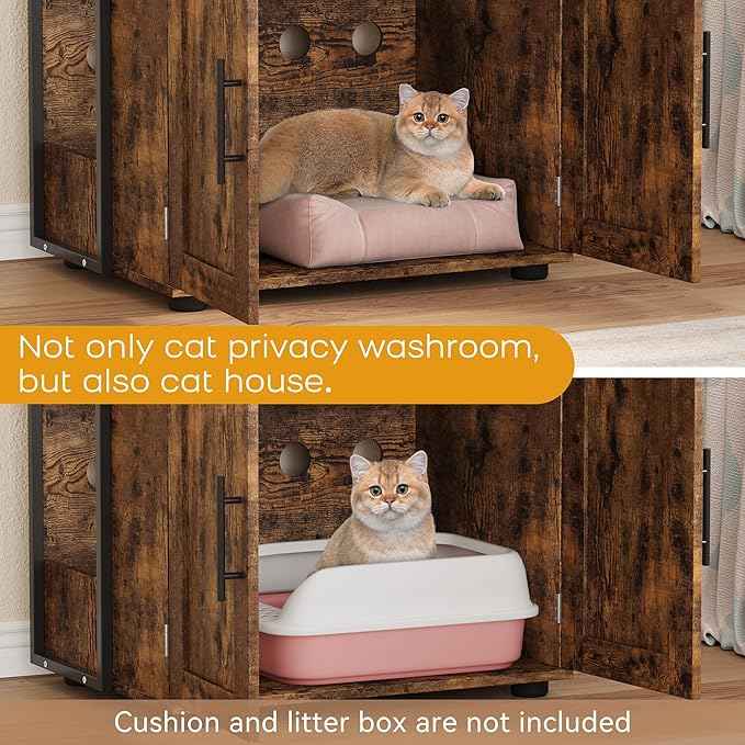 Cat Litter Box Enclosure, Hidden Litter Box Furniture with 3 Storage Shelves and Doors, Rustic Indoor Cat Cabinet, Multi-Functional Storage for Food, Cats Toilet Furniture