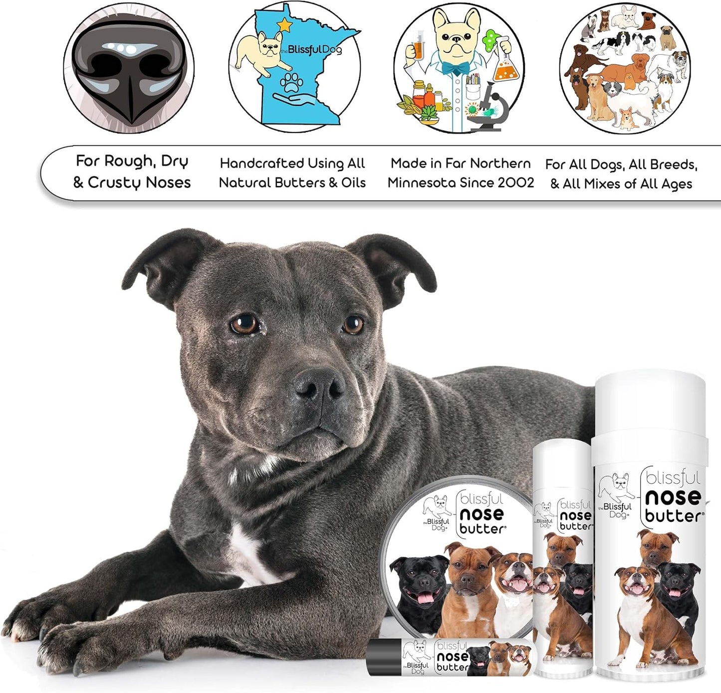 The Blissful Dog Staffordshire Bull Terrier Nose Butter, Versatile Dog Nose Balm for Dry Nose, Handcrafted Nose Moisturizer, Easy-to-Apply Dog Essentials, Unscented, 2 oz. - Pet Explorer