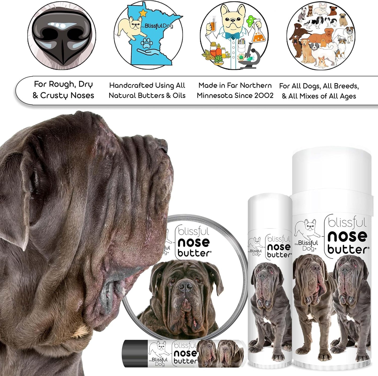 The Blissful Dog Neapolitan Mastiff Nose Butter for Dry, Cracked Skin, Lick-Safe Dog Nose Balm with Moisturizing Shea Butter, Almond, Olive, and Essential Oils, Pet Supplies, Uncented, 0.50 oz. - Pet Explorer