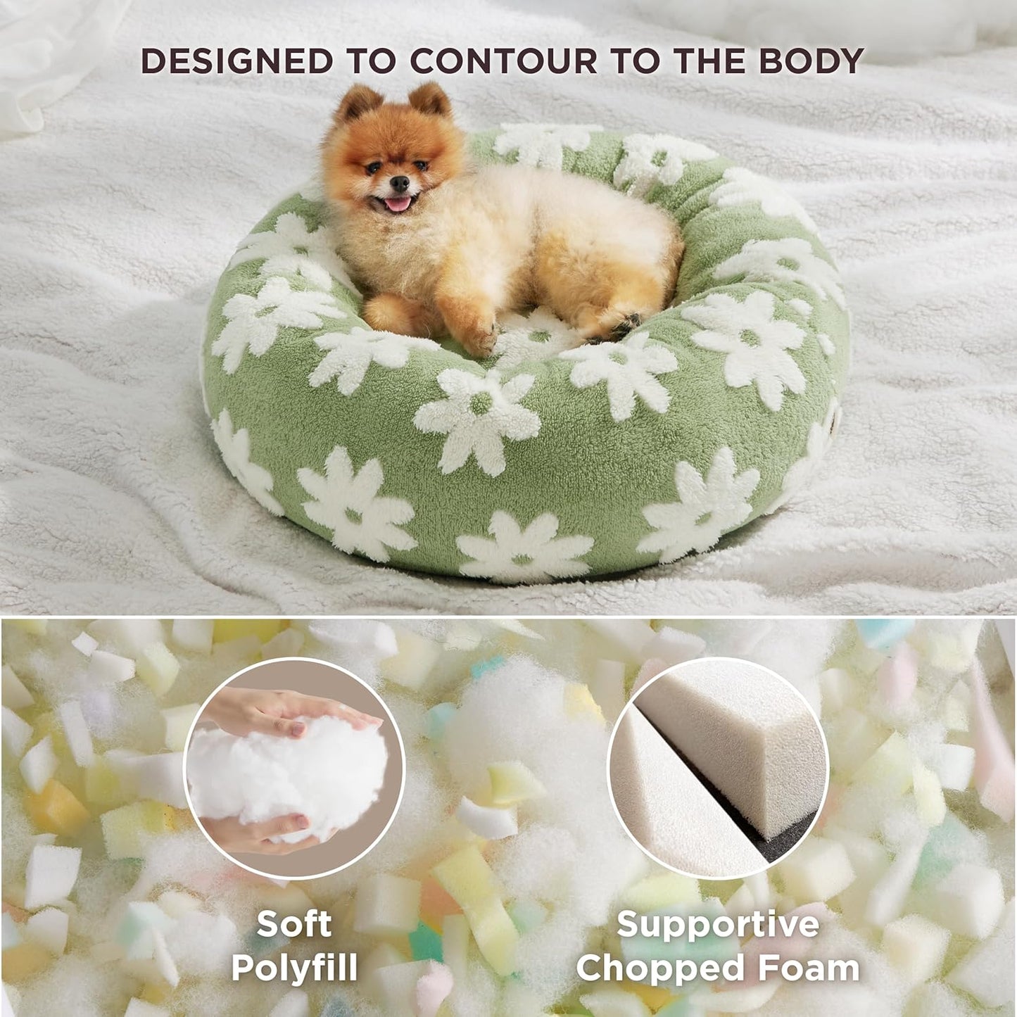 LE SURE Small Dog and Cat Bed - Round Calming Beds, Cute Modern Design with Jacquard Shaggy Plush, Anti-Slip Bottom, 23 Inch, Green - Pet Explorer