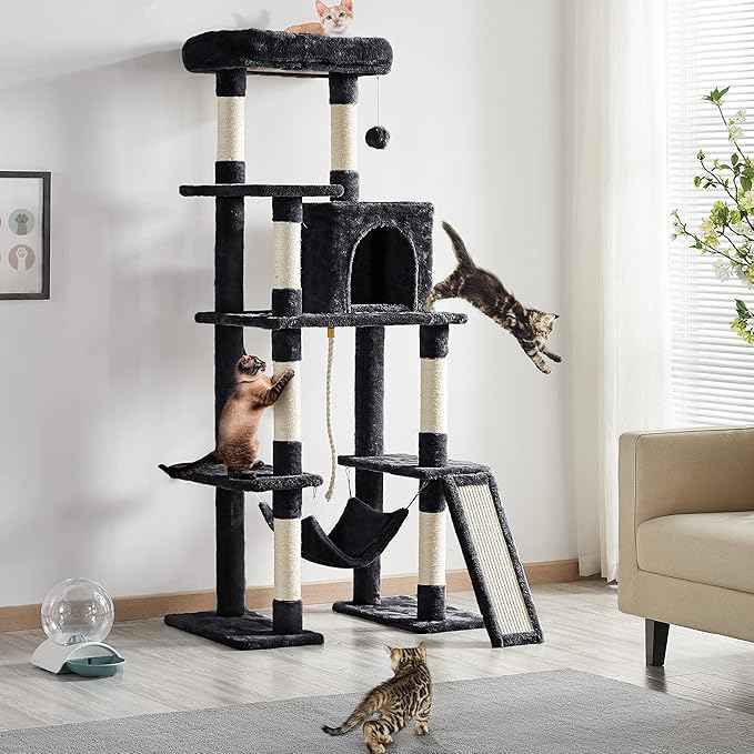 Yaheetech Cat Tree Cat Tower, 63in Multi-Level Pet Furniture for Indoor Kitten w/Sisal-Covered Scratching Posts & Condo, Activity Center for Kitty, Black