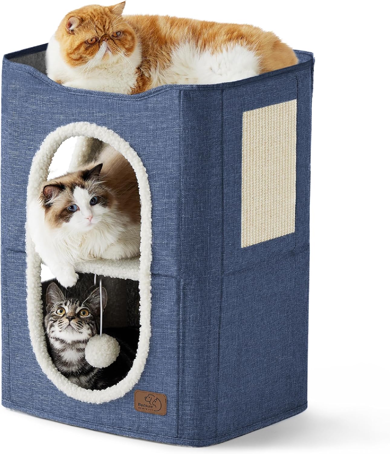 Bedsure 2 Story Cat House - Cat Condos for Indoor Cats with Scratch Pad and Fluffy Ball Hanging, Small Pet Cave Furniture Hideaway for Multi Pets, 18x14x23 inches, Blue - Pet Explorer