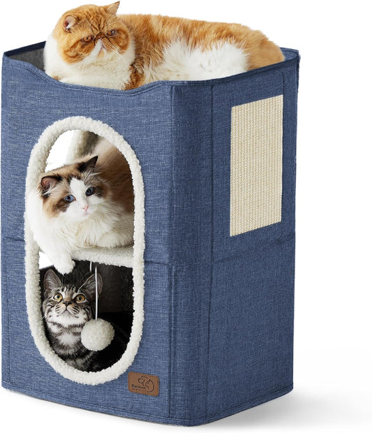 Bedsure 2 Story Cat House - Cat Condos for Indoor Cats with Scratch Pad and Fluffy Ball Hanging, Small Pet Cave Furniture Hideaway for Multi Pets, 18x14x23 inches, Blue - Pet Explorer