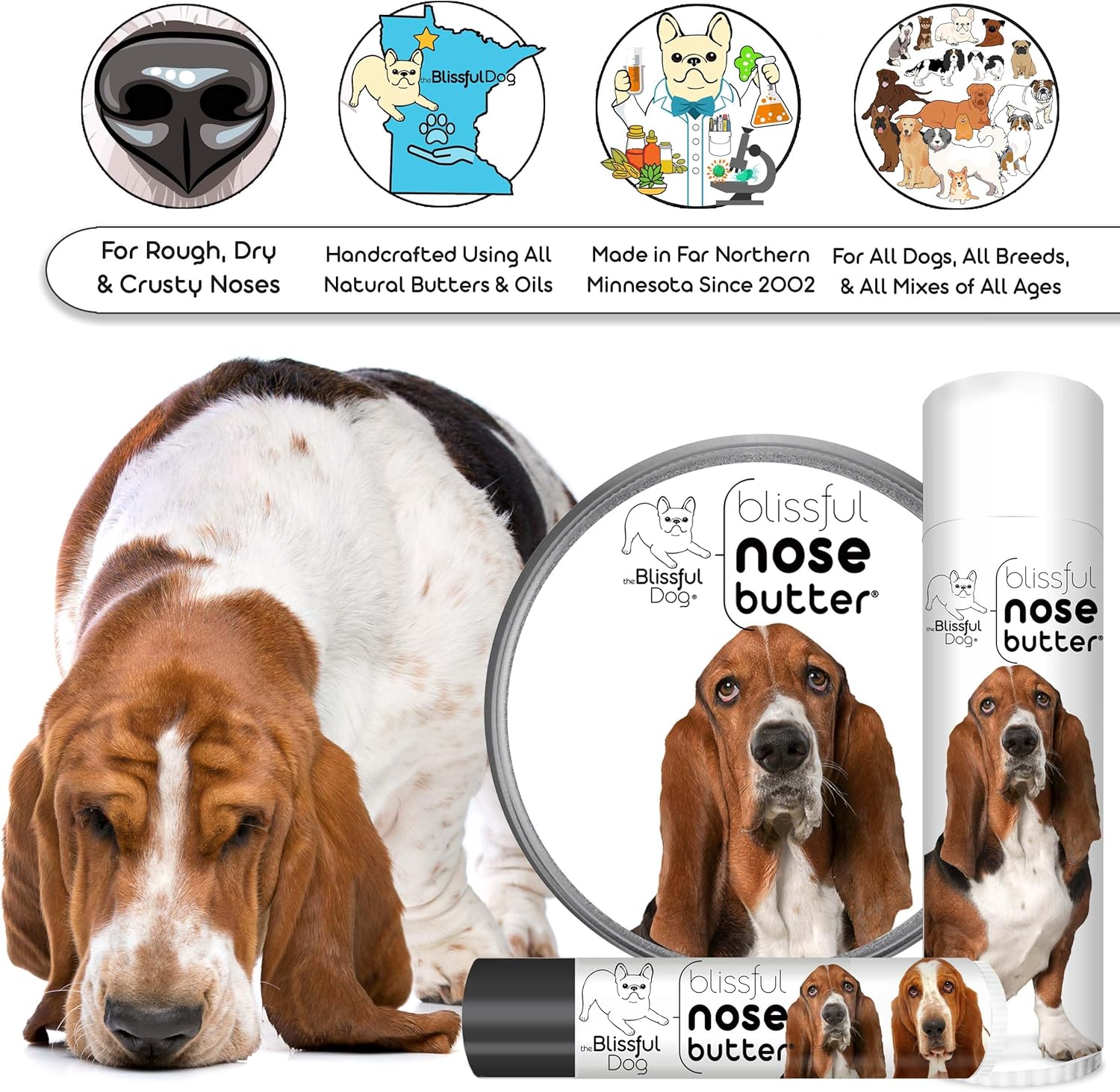 The Blissful Dog Basset Hound Nose Butter for Dry, Cracked Skin, Lick-Safe Dog Nose Balm with Moisturizing Shea Butter, Almond, Olive, and Essential Oils, Pet Supplies, Uncented, 1 oz. - Pet Explorer