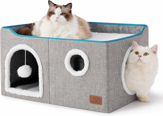 Bedsure Large Cat Beds for Indoor Cats - Extra Wide Cat Cube House for Small Pet with Fluffy Ball Hanging and Scratch Pad, Foldable Pet Cave Hideaway for Multiple Cats, 23.6x16.9x13 inches, Grey - Pet Explorer