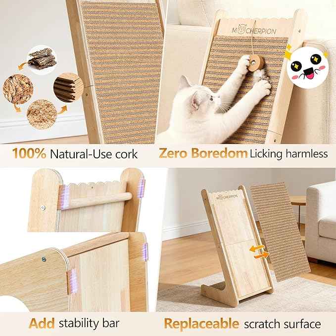 Natural Cork cat Scratching Post-Cat Scratching Pad-cat beds for Indoor Cats-Scratching Board Toy-cat ramp-cat Scratch with 2 Pcs Cardboard,Easy Replace-Eco-Friendly Sustainable-cat Gifts