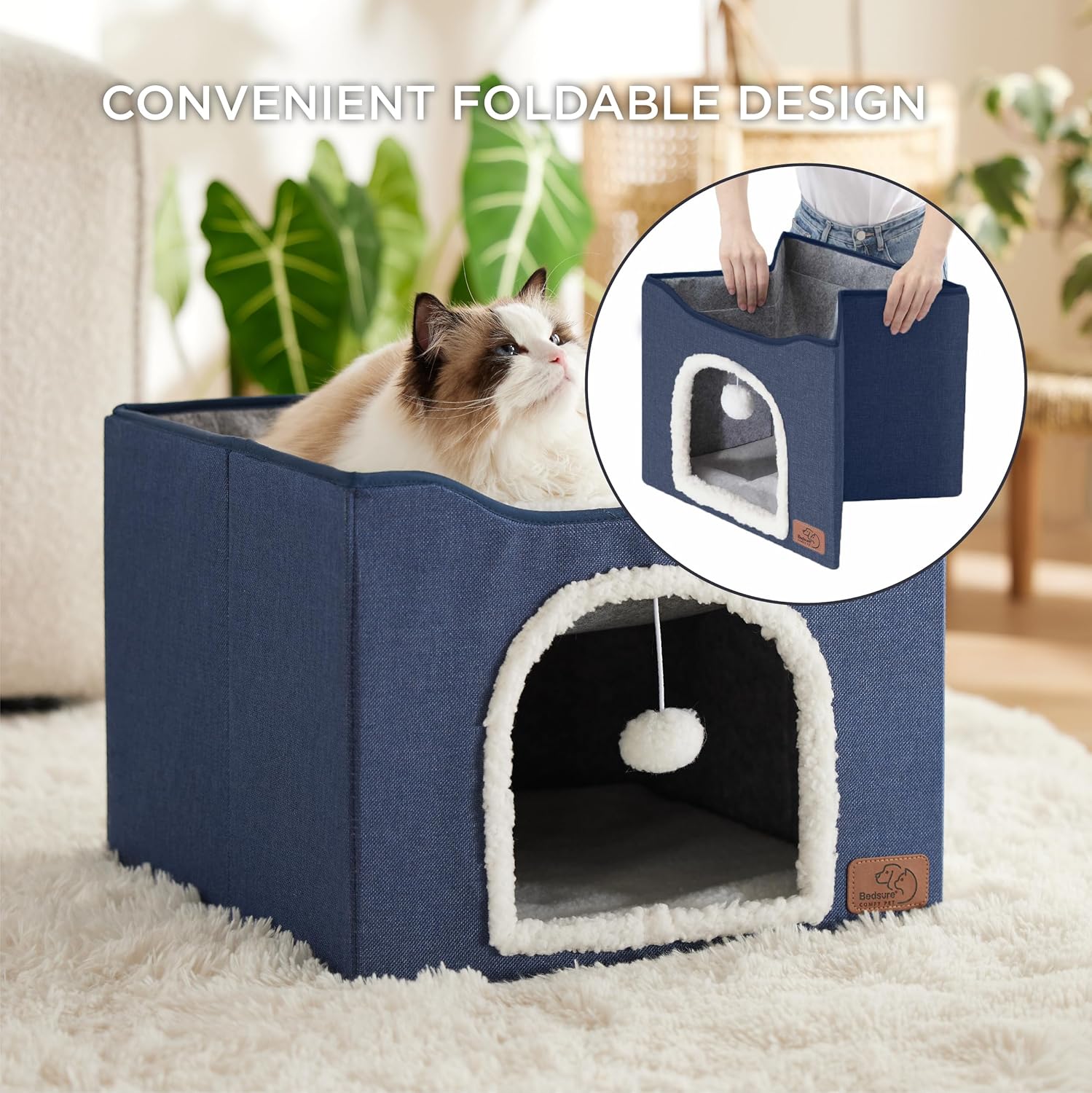Bedsure Cat Beds for Indoor Cats - Large Cat Cave for Pet Cat House with Fluffy Ball Hanging and Scratch Pad, Foldable Cat Hideaway, 16.5x16.5x13 inches, Blue - Pet Explorer