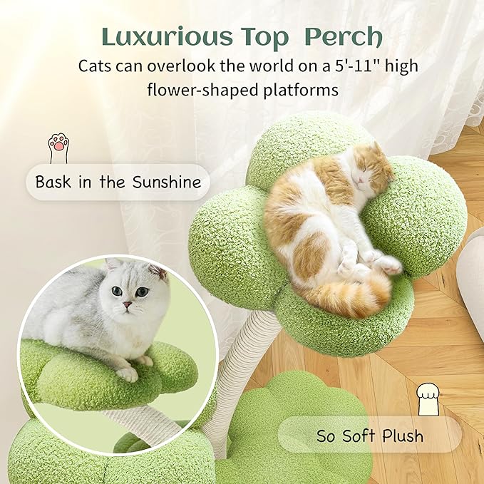 FKWin 71 Inch Tall Cat Tree, Flower Shape Scratching Post, Cat Scratcher, Cat Furniture for Indoor Cats, Kittens Pet House, Cat Bed with Hang Ball, Plush Cat Tower for Large and Small Cats(Green)