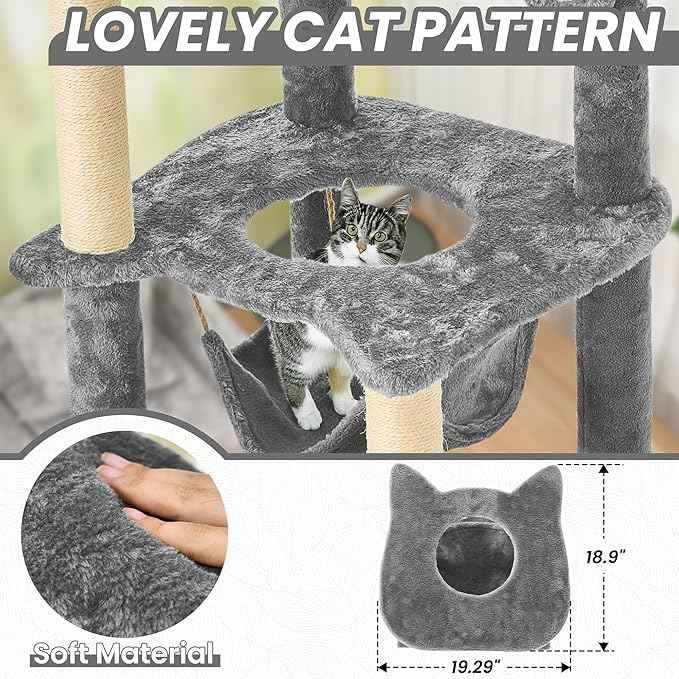 55 Inch Large Cat Tree Tower for Indoor Cats with Hammock Green Leaves Sisal Scratching Post, Plush Hang Ball Play Furniture for Kittens & Adult Cats,Grey