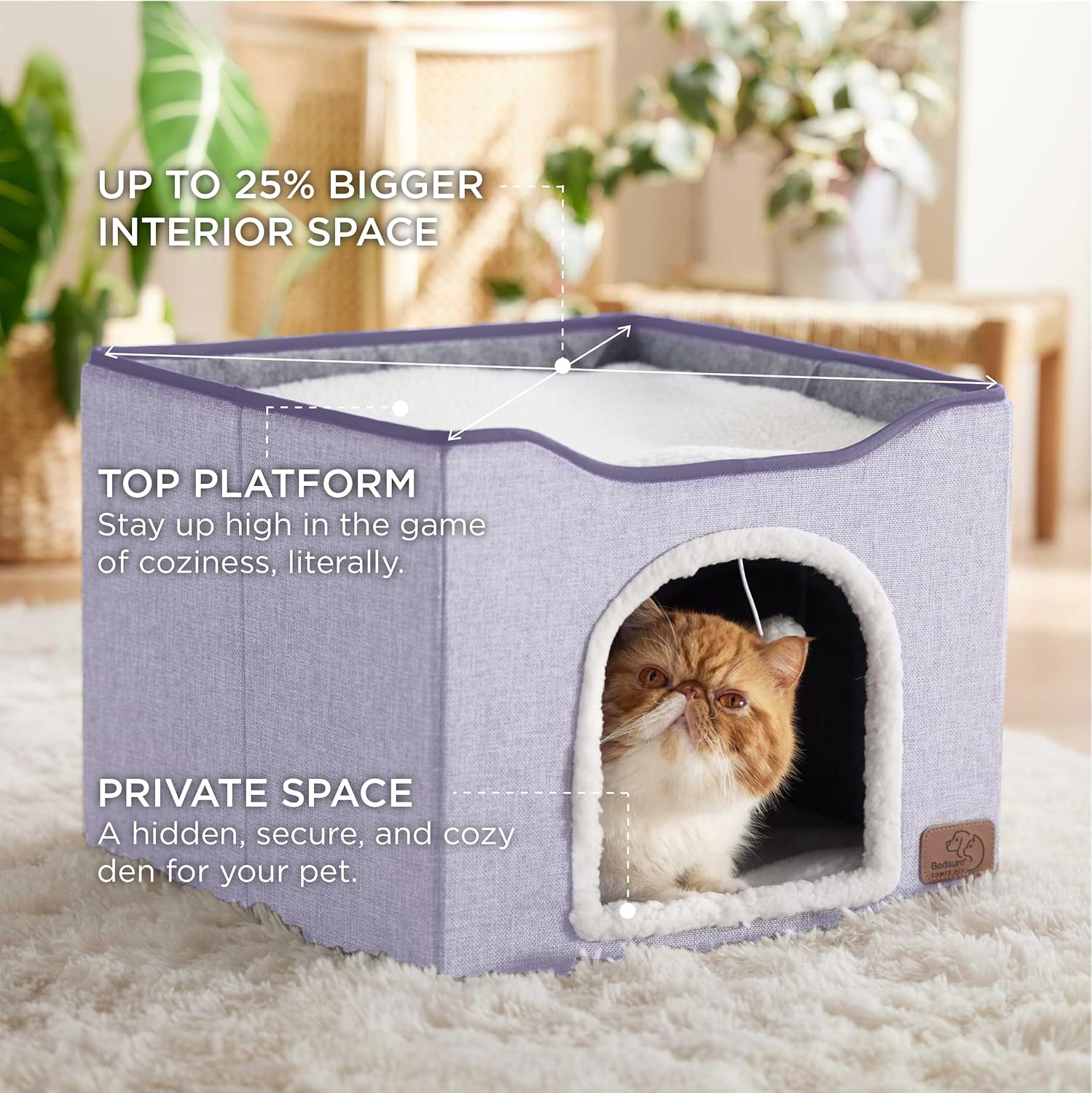Bedsure Cat Beds for Indoor Cats - Large Cat Cave for Pet Cat House with Fluffy Ball Hanging and Scratch Pad, Foldable Cat Hideaway, 16.5x16.5x13 inches, Cloud Purple - Pet Explorer