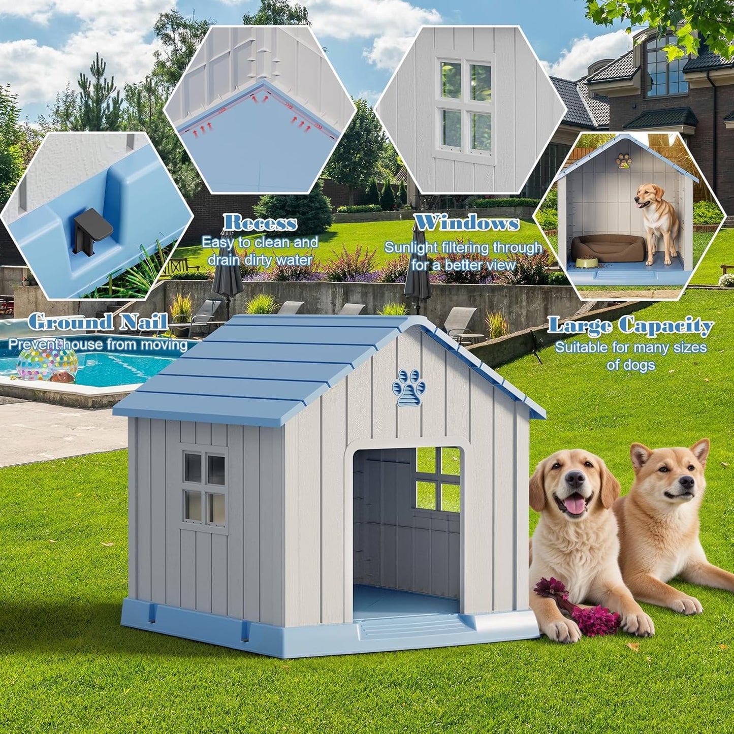 Large Dog House Outdoor Indoor for Medium Large Dogs, Durable Plastic Waterproof Doghouse with Air Vents and Elevated Floor, Easy Clean and Assemble (Blue, 31" L x 33.3" W x 33.5" H) - Pet Explorer