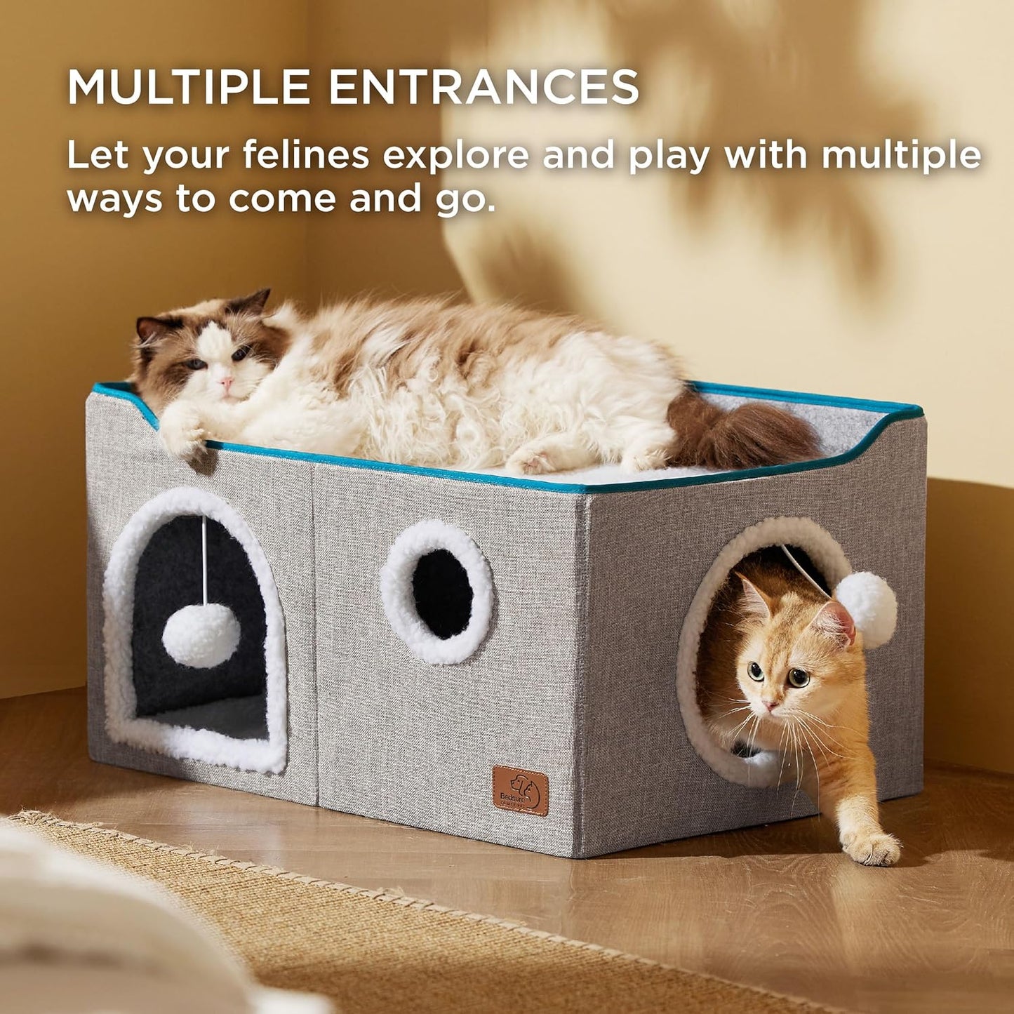 Bedsure Large Cat Beds for Indoor Cats - Extra Wide Cat Cube House for Small Pet with Fluffy Ball Hanging and Scratch Pad, Foldable Pet Cave Hideaway for Multiple Cats, 23.6x16.9x13 inches, Grey - Pet Explorer