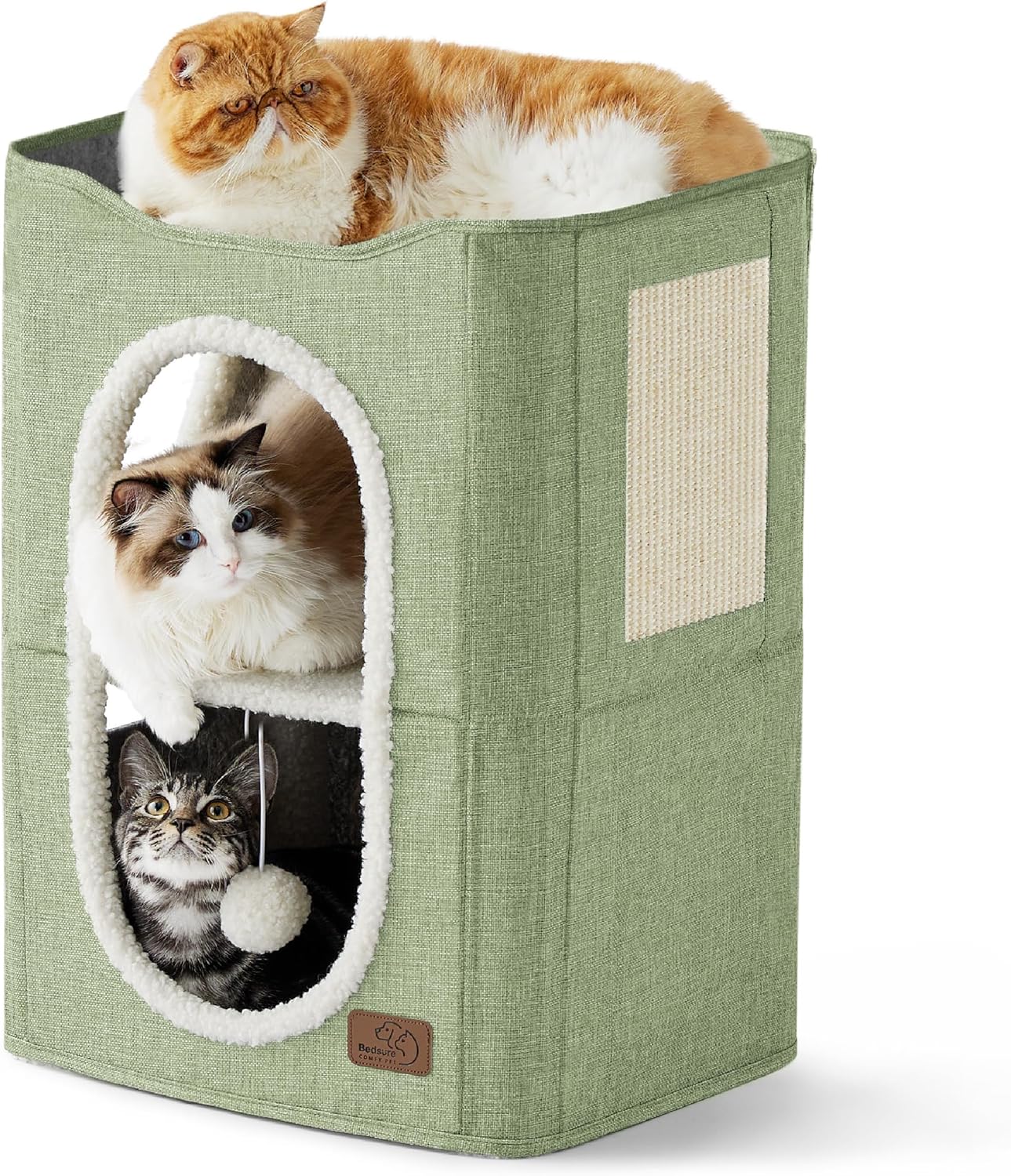 Bedsure 2 Story Cat House - Cat Condos for Indoor Cats with Scratch Pad and Fluffy Ball Hanging, Small Pet Cave Furniture Hideaway for Multi Pets, 18x14x23 inches, Green - Pet Explorer