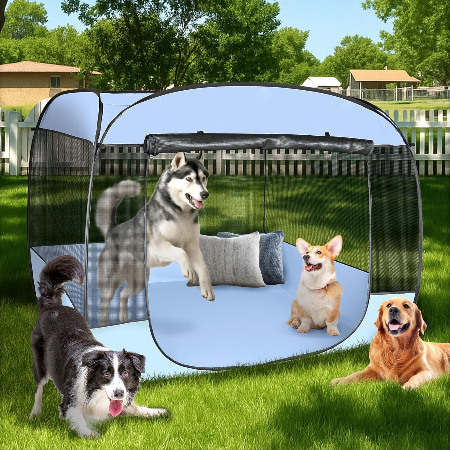 EighteenTek XLarge Popup Portable Dog Houses, 5.3'x4'H Assembly-Free Gazebo-Style Dog Cot Cat Playpen Screen Pet Tent Sun Shade Shelter Dog Bed with Canopy for Outdoor, Anti-Bugs with Leakproof Bottom - Pet Explorer
