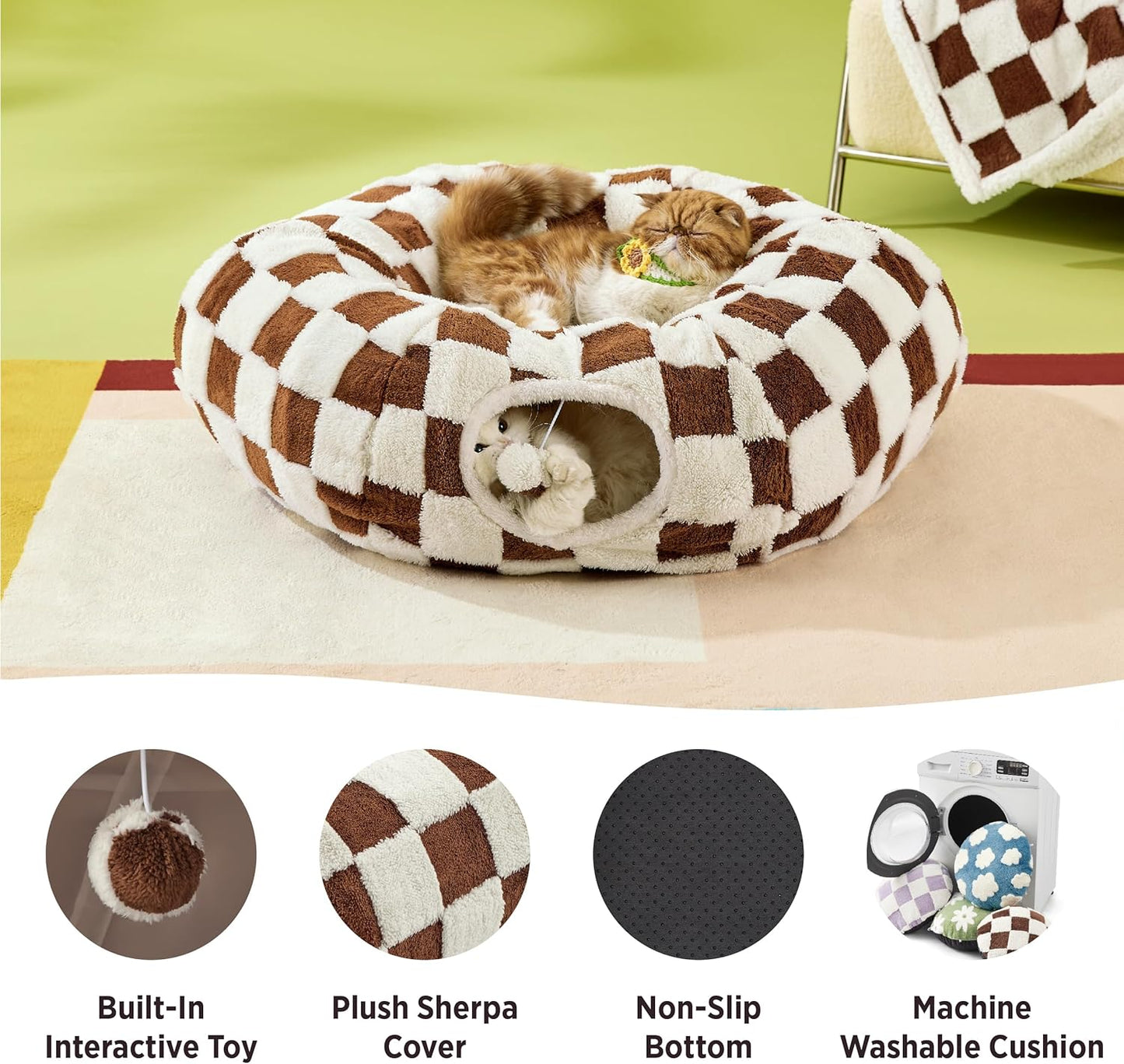 Lesure Cat Tunnel Bed for Indoor Cats - Cute Cat Donut Tunnel Toys for Small Large Cats with Washable Circle Cushion, Round Pet Peekaboo Cave Toy for Kitten/Puppy/Rabbit, Standard Brown - Pet Explorer