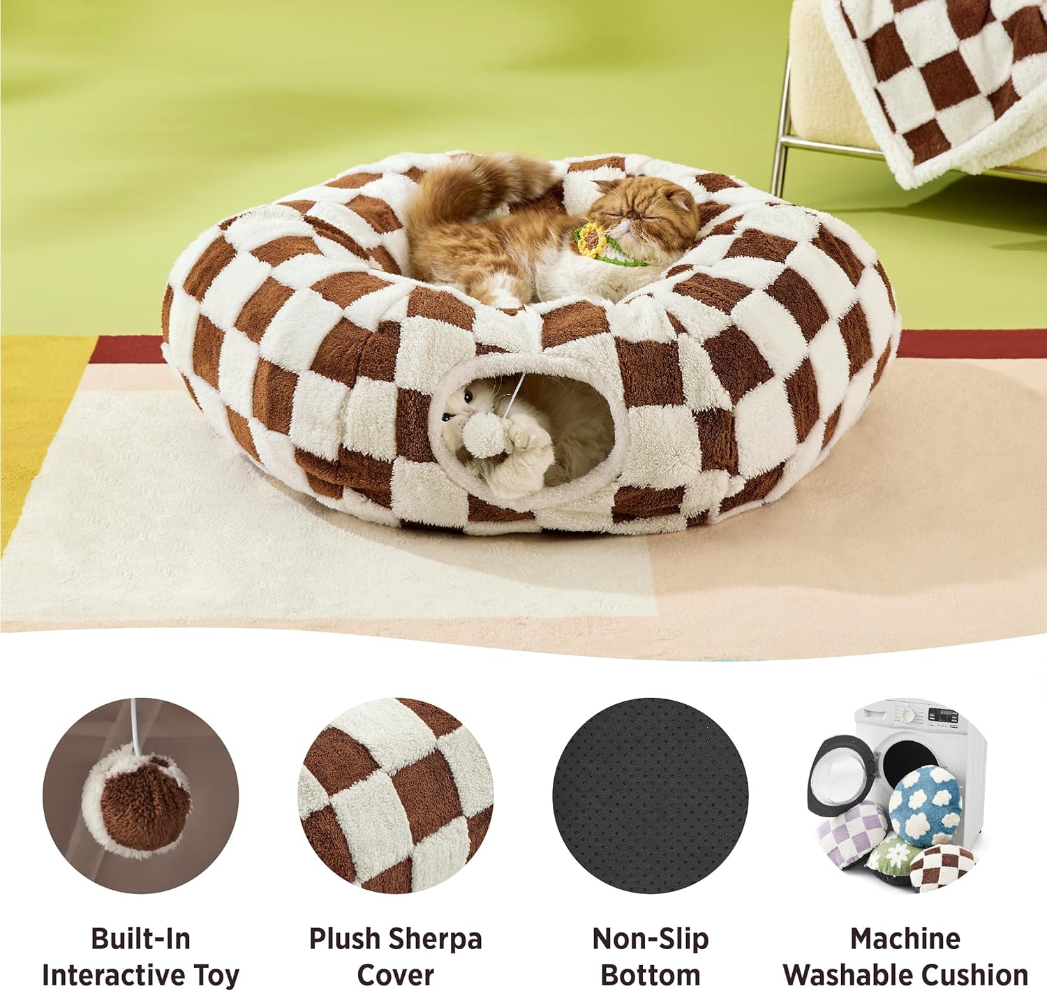 Lesure Cat Tunnel Bed for Indoor Cats - Cute Cat Donut Tunnel Toys for Small Large Cats with Washable Circle Cushion, Round Pet Peekaboo Cave Toy for Kitten/Puppy/Rabbit, Standard Brown - Pet Explorer