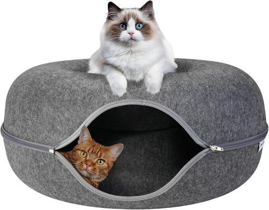 Emory Lane - Premium Cat Cave, Multifunctional Donut Tunnel Bed, Round Felt Cave with Zipper, for Pets up to 40 Lbs (24x24x11 Inch) (Dark Gray) - Pet Explorer