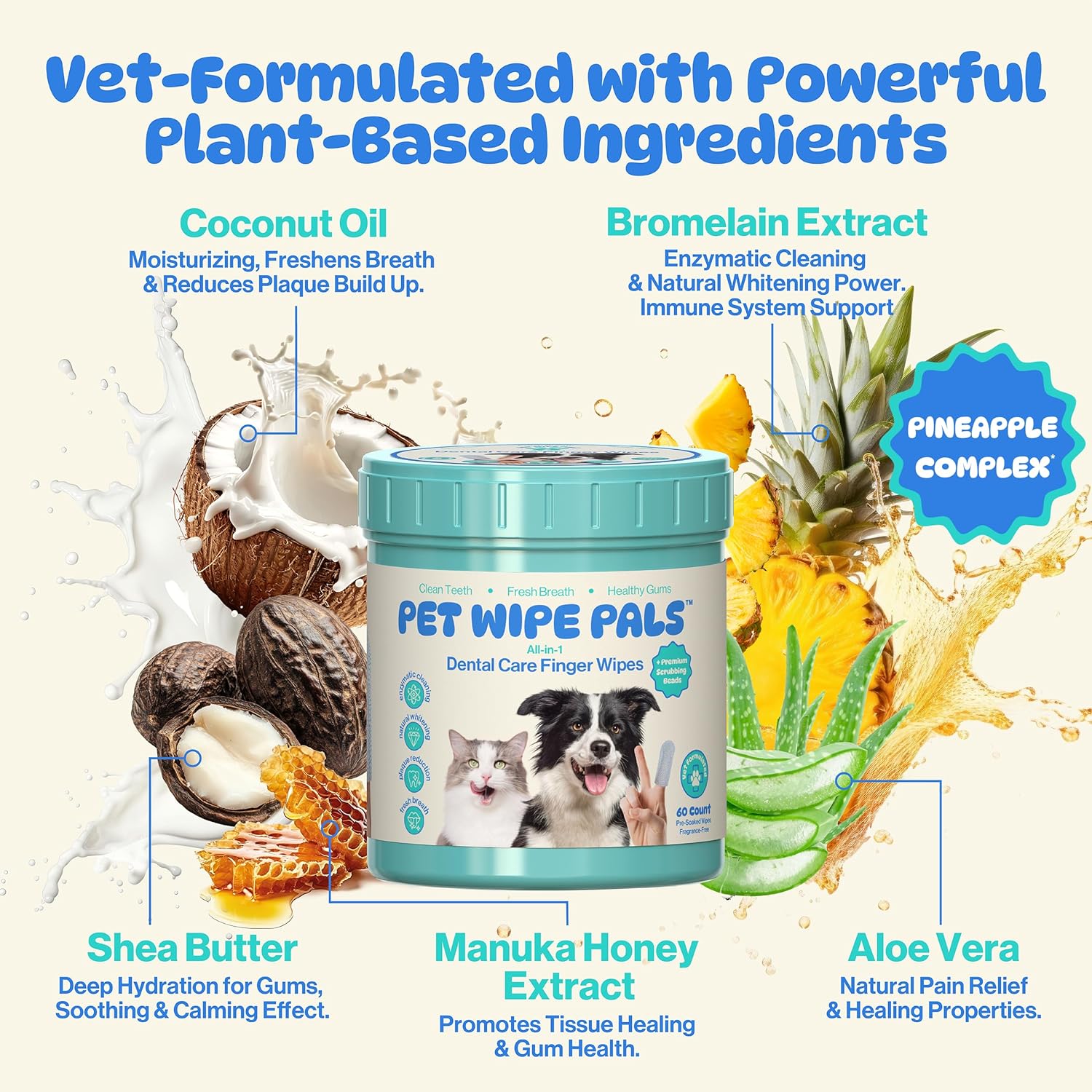 All-in-1 Dog Teeth Cleaning Wipes | Enzymatic Whitening + Micro Scrubbing Beads | No Mess, Pet Dental Wipes & Finger Tooth Brushing Kit | Plant-Based Dental Care for Cats & Dogs (60 Count) - Pet Explorer