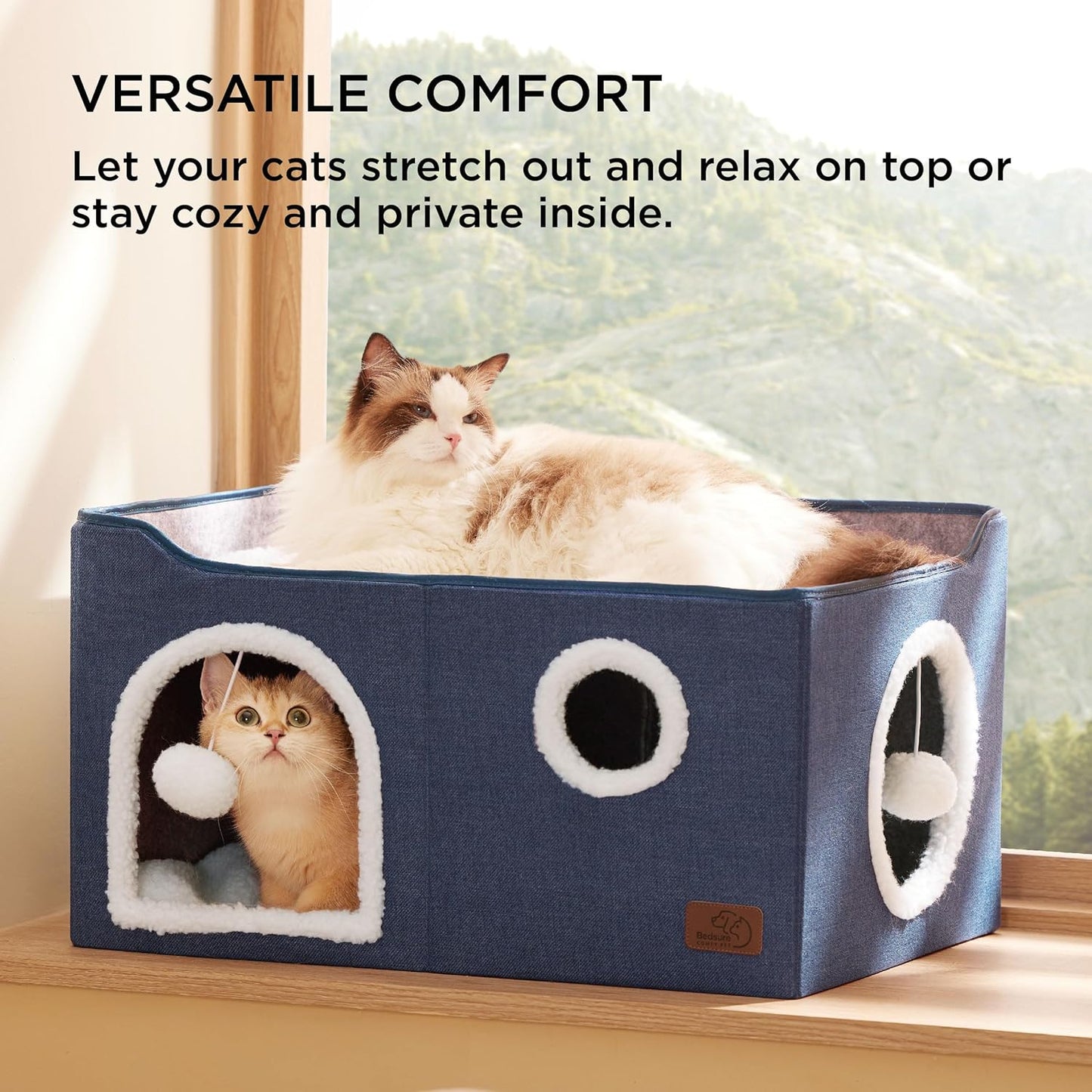 Bedsure Large Cat Beds for Indoor Cats - Extra Wide Cat Cube House for Small Pet with Fluffy Ball Hanging and Scratch Pad, Foldable Pet Cave Hideaway for Multiple Cats, 23.6x16.9x13 inches, Blue - Pet Explorer