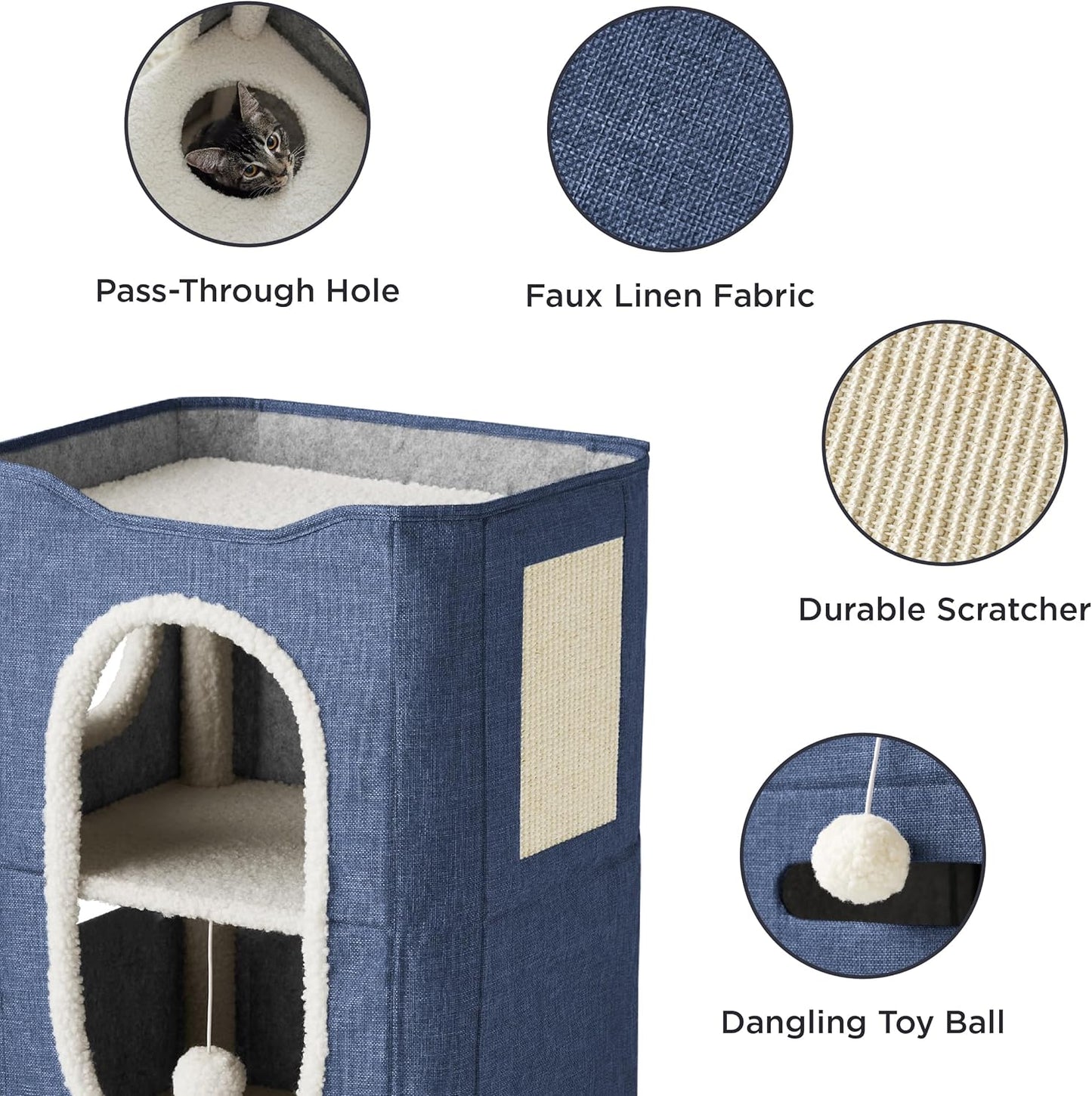 Bedsure 2 Story Cat House - Cat Condos for Indoor Cats with Scratch Pad and Fluffy Ball Hanging, Small Pet Cave Furniture Hideaway for Multi Pets, 18x14x23 inches, Blue - Pet Explorer
