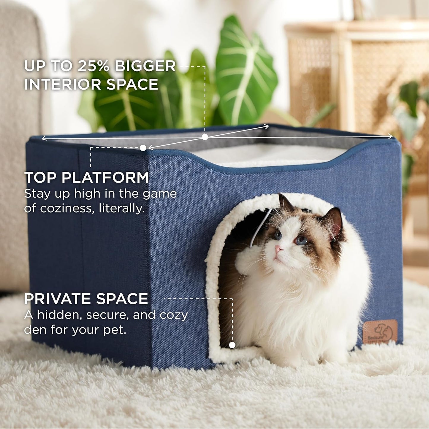 Bedsure Cat Beds for Indoor Cats - Large Cat Cave for Pet Cat House with Fluffy Ball Hanging and Scratch Pad, Foldable Cat Hideaway, 16.5x16.5x13 inches, Blue - Pet Explorer