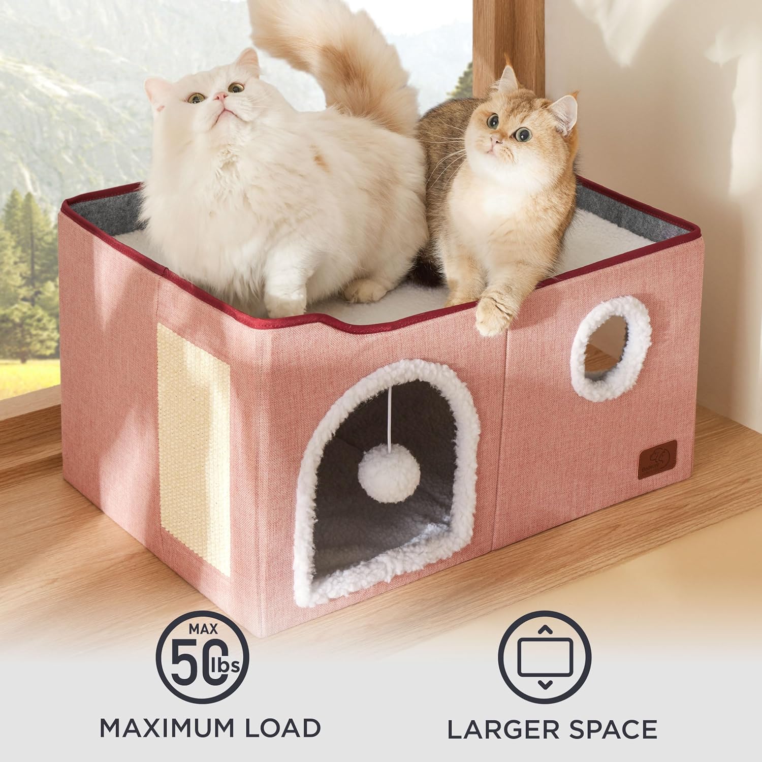 Bedsure Large Cat Beds for Indoor Cats - Extra Wide Cat Cube House for Small Pet with Fluffy Ball Hanging and Scratch Pad, Foldable Pet Cave Hideaway for Multiple Cats, 23.6x16.9x13 inches,Pink - Pet Explorer