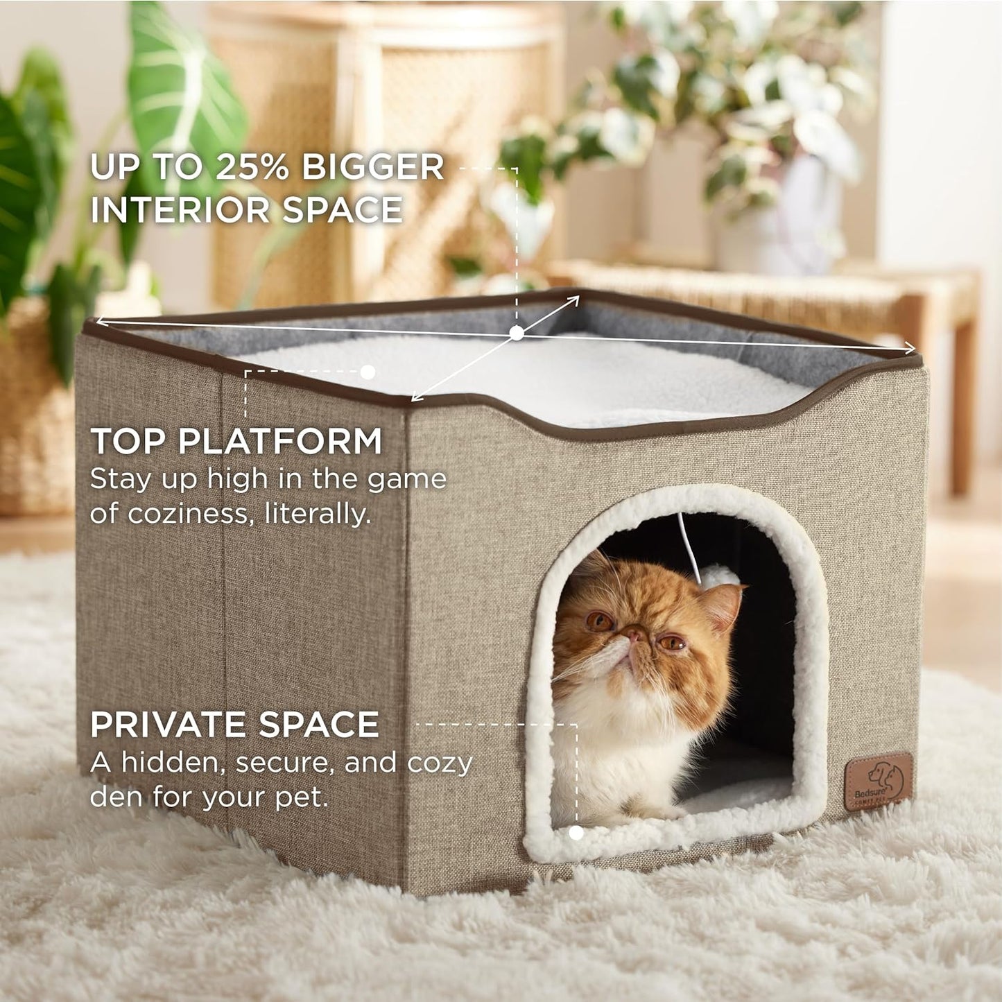 Bedsure Cat Beds for Indoor Cats - Large Cat Cave for Pet Cat House with Fluffy Ball Hanging and Scratch Pad, Foldable Cat Hideaway, 16.5x16.5x13 inches, Brown - Pet Explorer