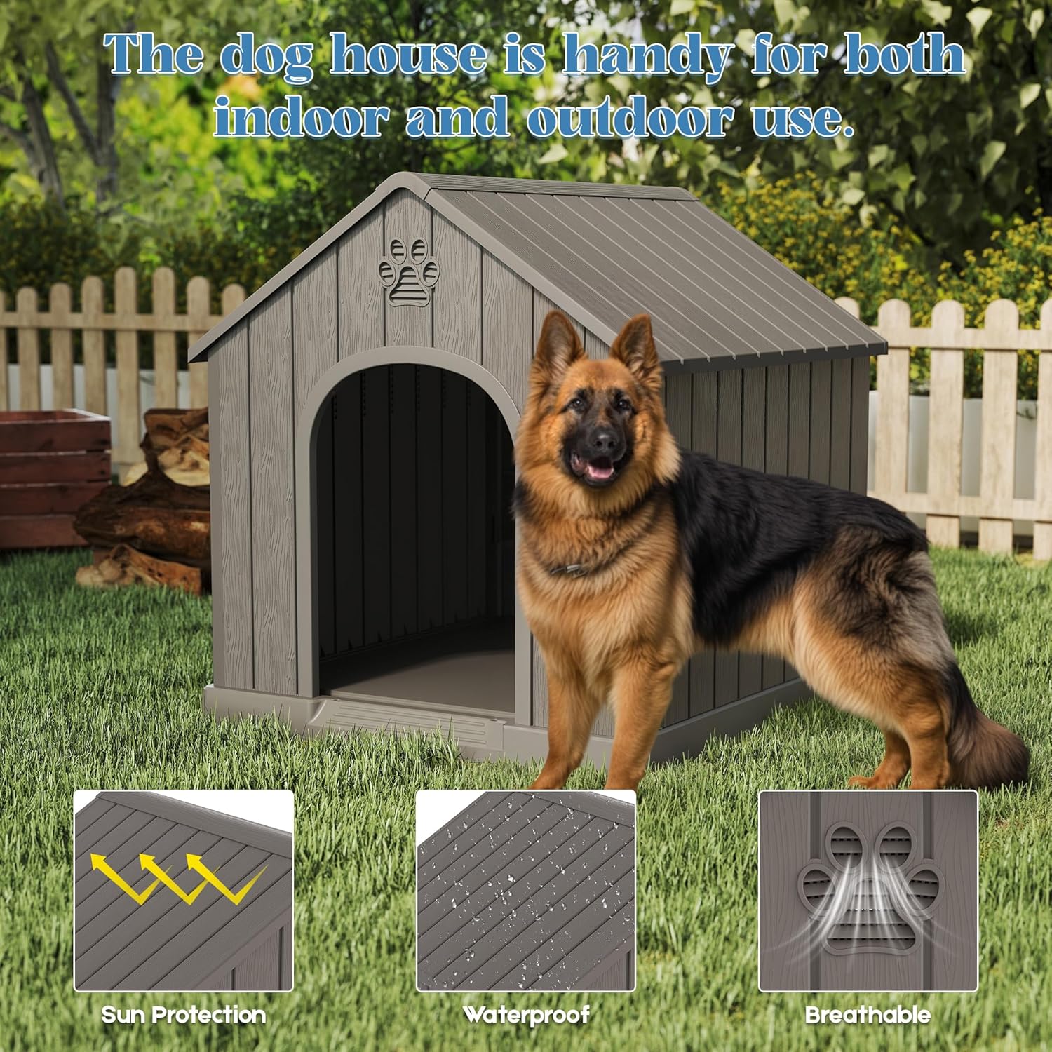 Large Dog House Outdoor Indoor for Medium Large Dogs, Durable Plastic Waterproof Doghouse with Air Vents and Elevated Floor, Easy Clean and Assemble (Grey, 36.2''L×38''W×38''H) - Pet Explorer