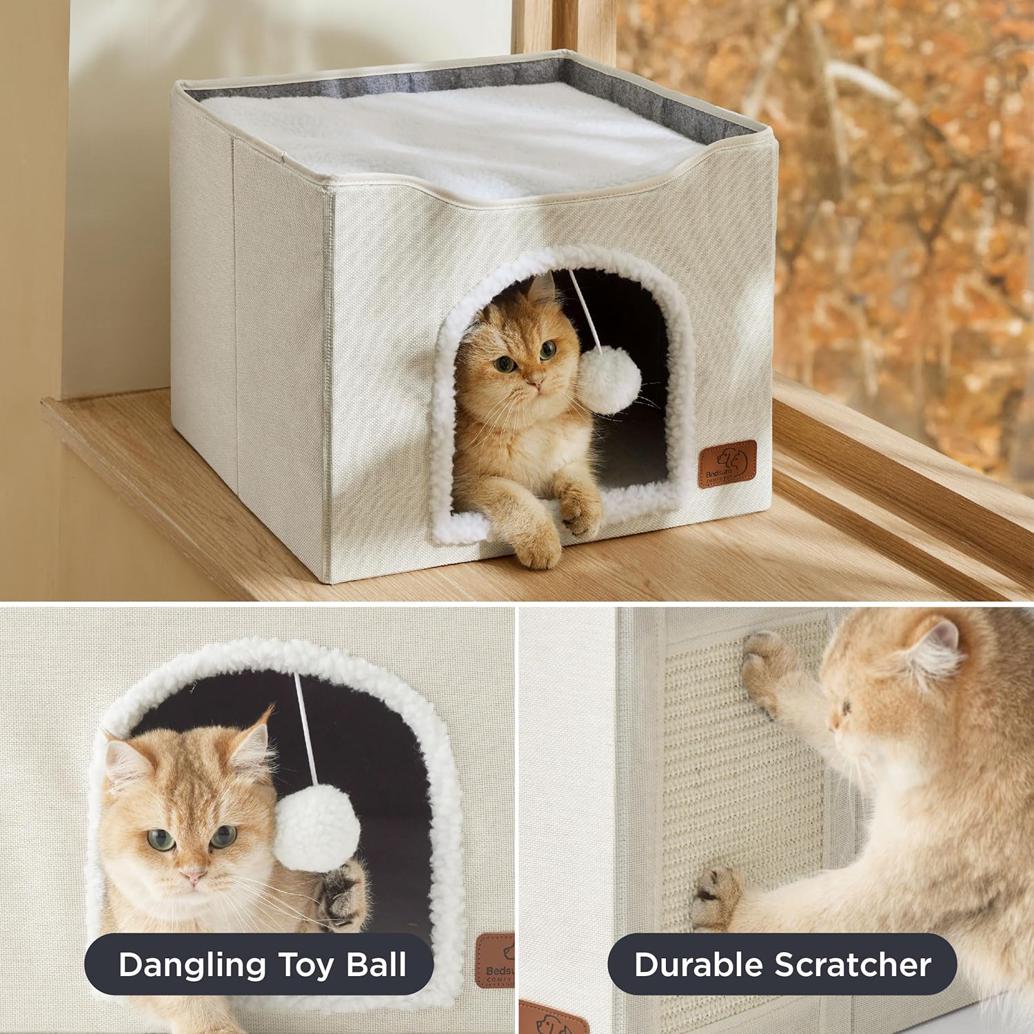 Bedsure Cat Beds for Indoor Cats - Large Cat Cave for Pet Cat House with Fluffy Ball Hanging and Scratch Pad, Foldable Cat Hideaway, 16.5x16.5x13 inches, Ivory - Pet Explorer