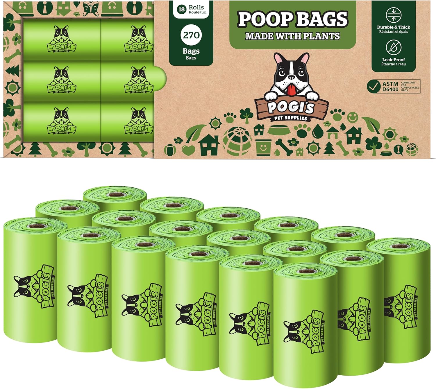Pogi's Compostable Poop Bags – Leak-Proof, Extra-Large, Made with Plants – 18 Rolls (270 Bags) - Pet Explorer
