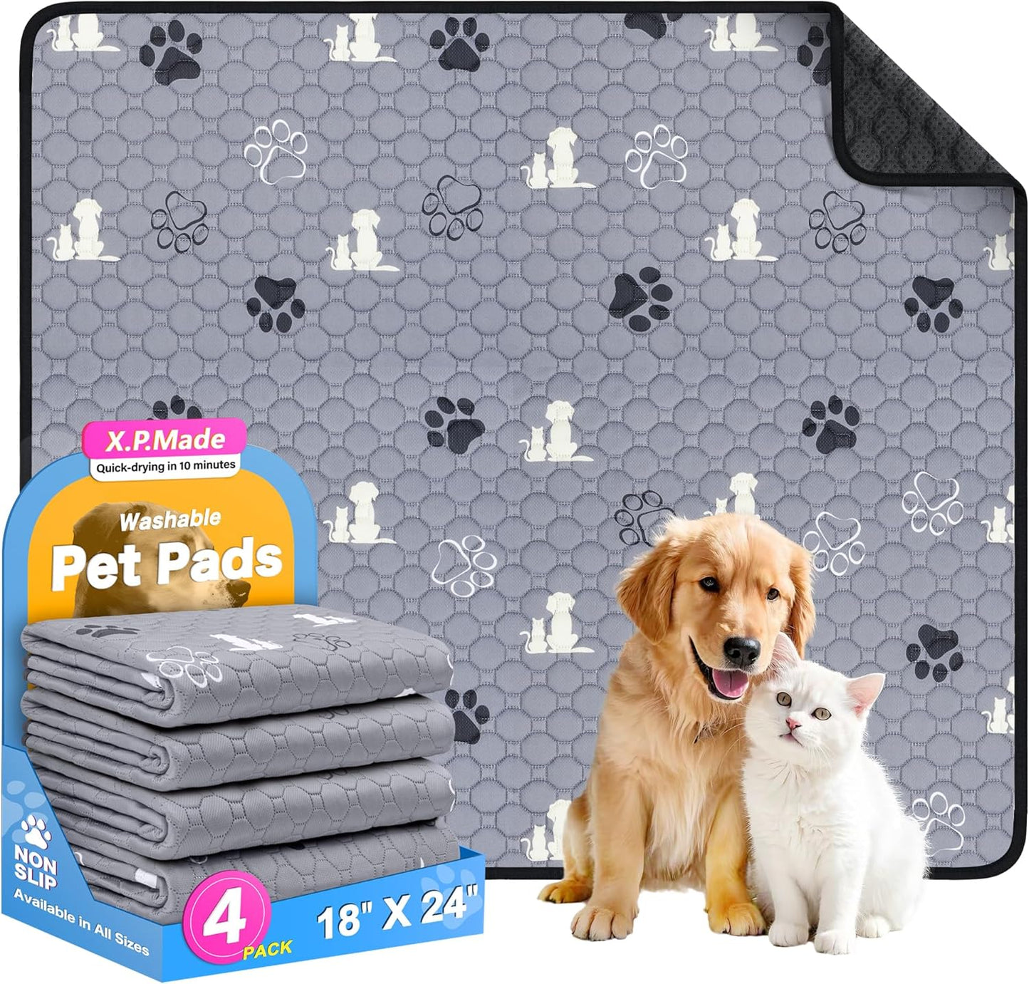 Washable Pee Pads for Dogs, 4 Pack Reusable Puppy Pads, Waterproof Pet Pee Pads for Dog Potty Training, Extra Large Dog Pee Pads for Crate, Playpen, and Whelping, Durable and Absorbent, Grey 18"x24" - Pet Explorer