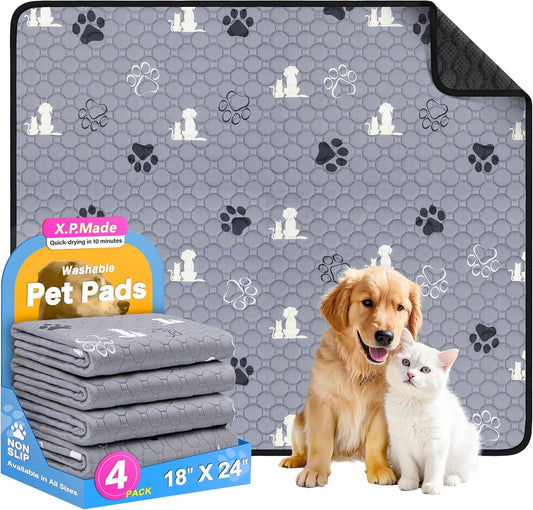 Washable Pee Pads for Dogs, 4 Pack Reusable Puppy Pads, Waterproof Pet Pee Pads for Dog Potty Training, Extra Large Dog Pee Pads for Crate, Playpen, and Whelping, Durable and Absorbent, Grey 18"x24" - Pet Explorer