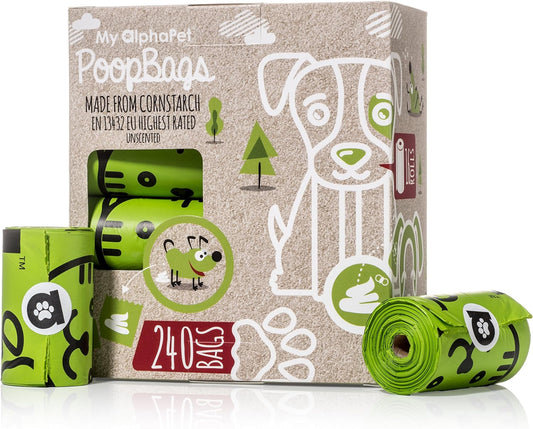 Compostable Dog Poop Bags, Cornstarch Eco-Friendly, HOME COMPOST NF T 51-800, 240 Count, Large Size Bag 9x13 Inches, 16 Unscented Refill Rolls, Leak-proof, Plantbased, GM-Free Corn (Green) - Pet Explorer