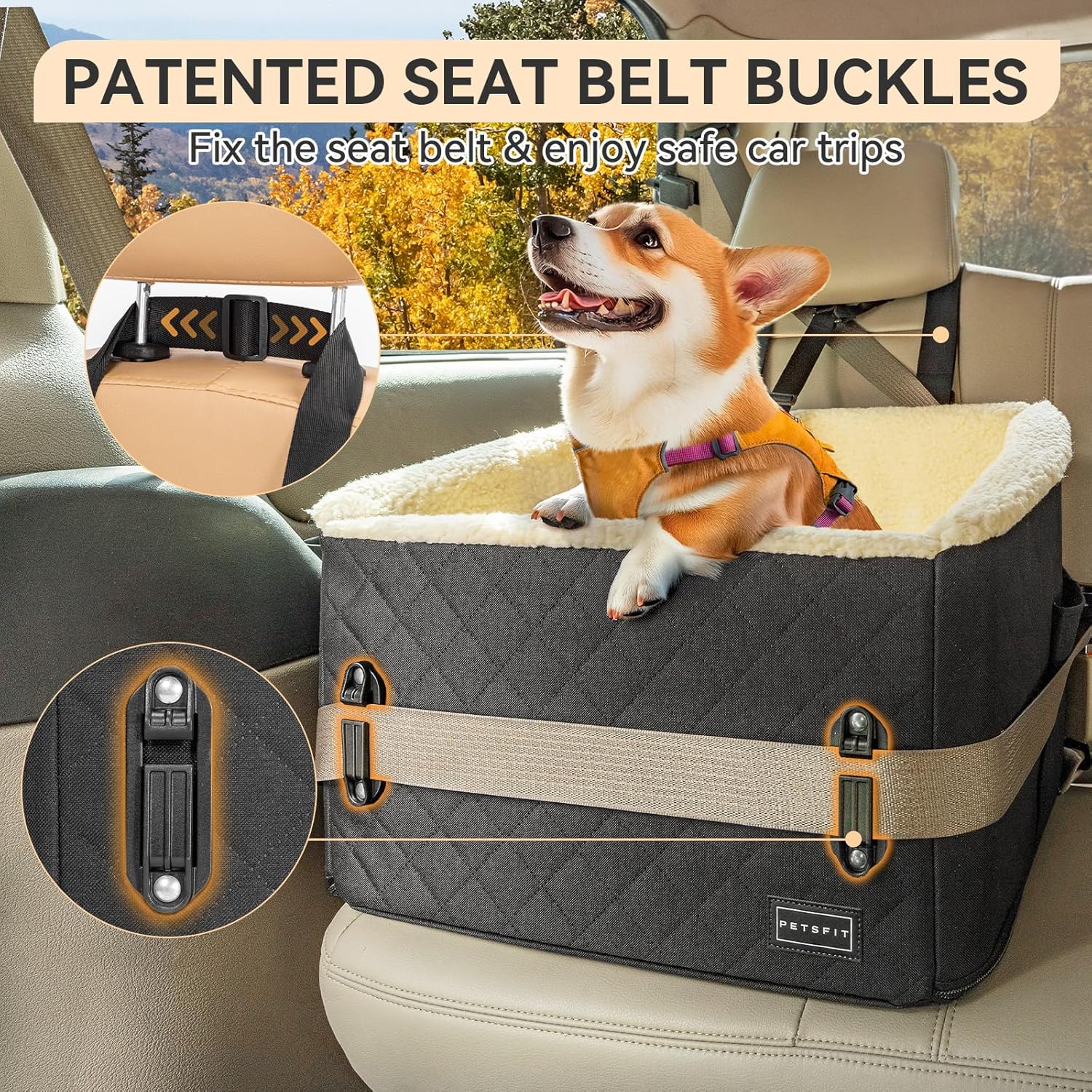 PETSFIT Dog Car Seats for Small Dogs, Soft Foam Dog Booster Seat with Patented Safety Buckles, Storage Pockets and Detachable Clip-On Safety Leash, Dog Car Seat for Medium Dogs 30 LBS (Black) - Pet Explorer