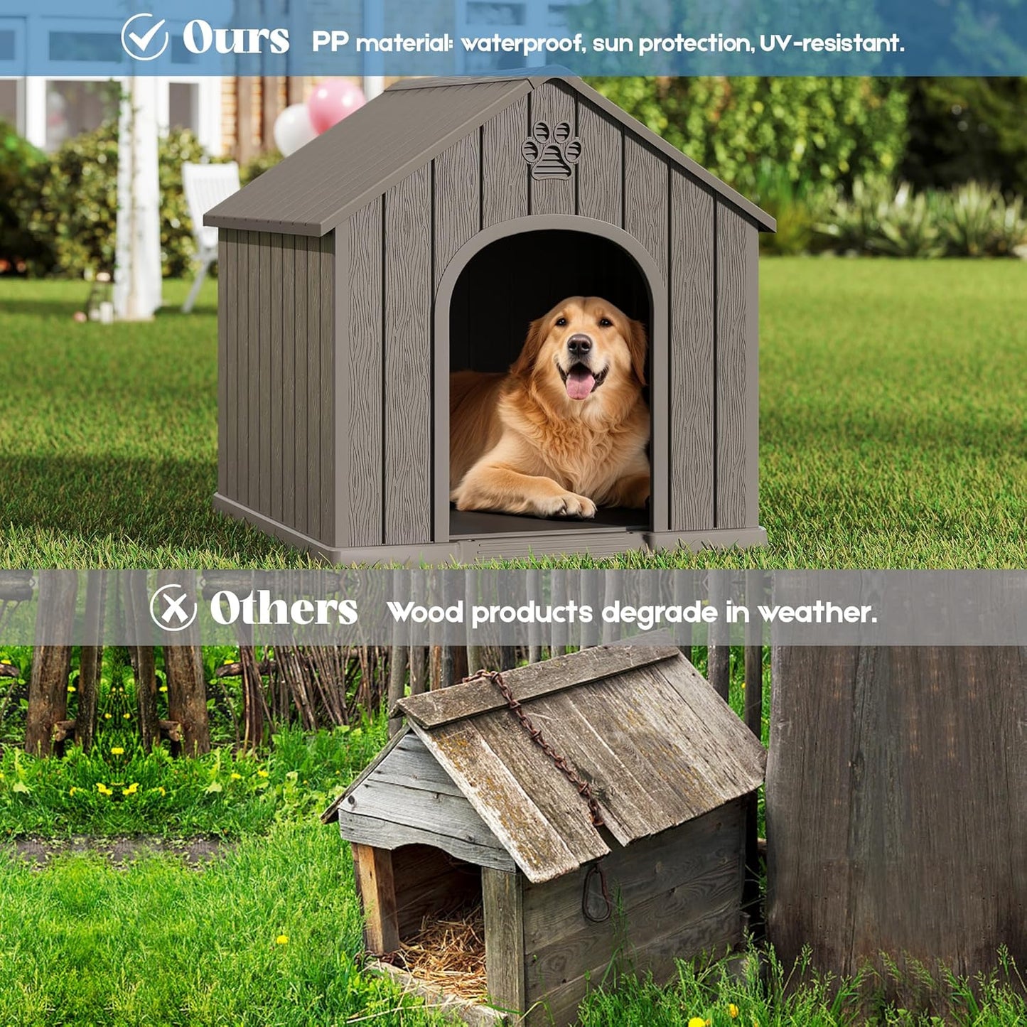 Large Dog House Outdoor Indoor for Medium Large Dogs, Durable Plastic Waterproof Doghouse with Air Vents and Elevated Floor, Easy Clean and Assemble (Grey, 36.2''L×38''W×38''H) - Pet Explorer