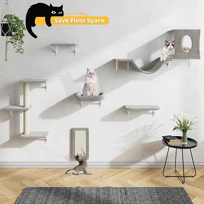 NUNU LAB Cat Wall Shelves, Cat Walls Mounted Climber Set, 6-in-1 Cat Climbing Furniture, Cat Scratching Post, Cat House, Cat Bridge, Cat Steps, Cat Climb Board & Cat Hammock, for Indoor Drywall, Gray