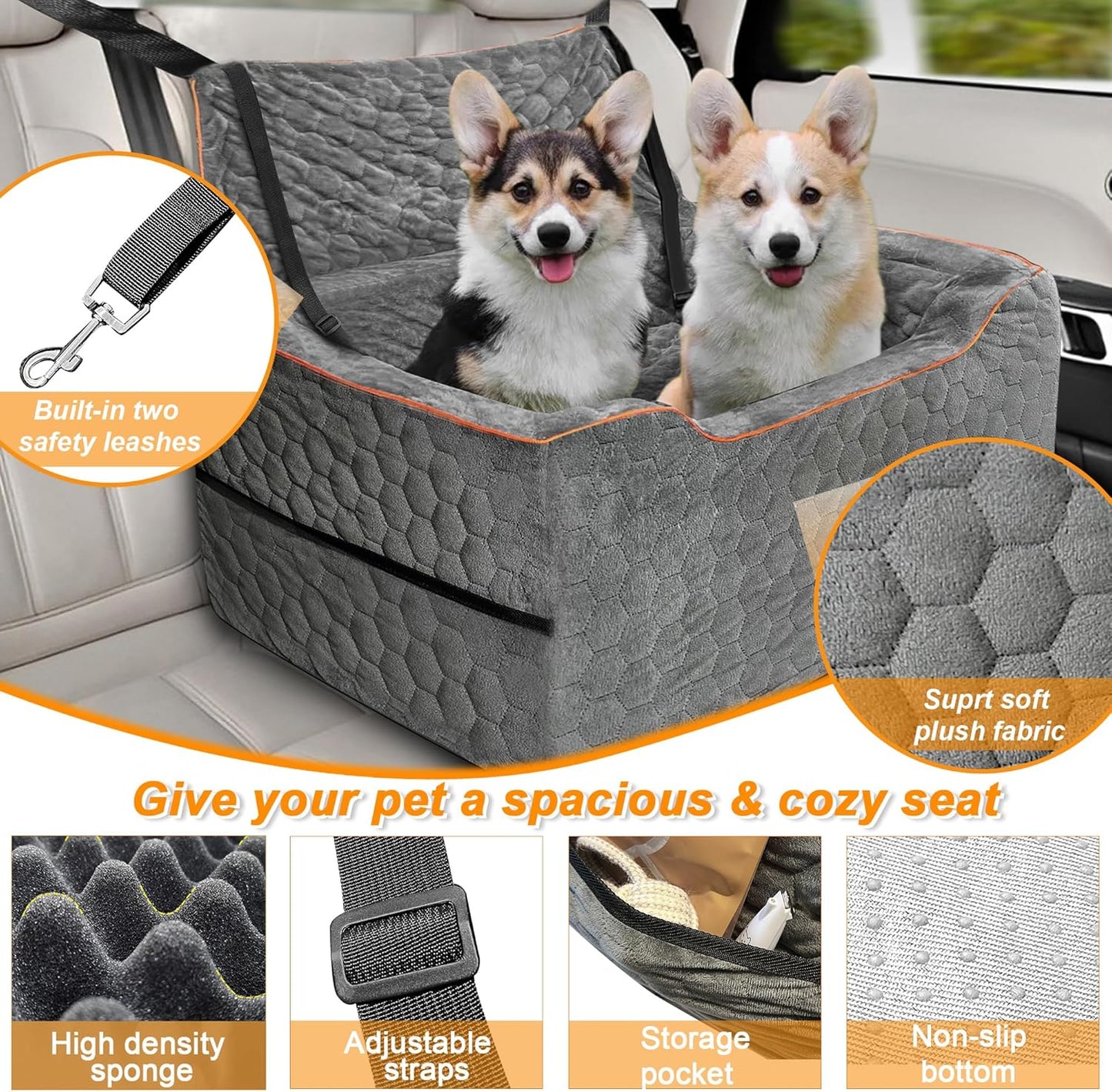 Dog Car Seat for Medium/Large Dog Booster Seat Under 60 lbs or 2 Small Dogs, Multi-Functional Pet Car Seat with Thick Cushion, 2 Safety Leashes (Gray) - Pet Explorer
