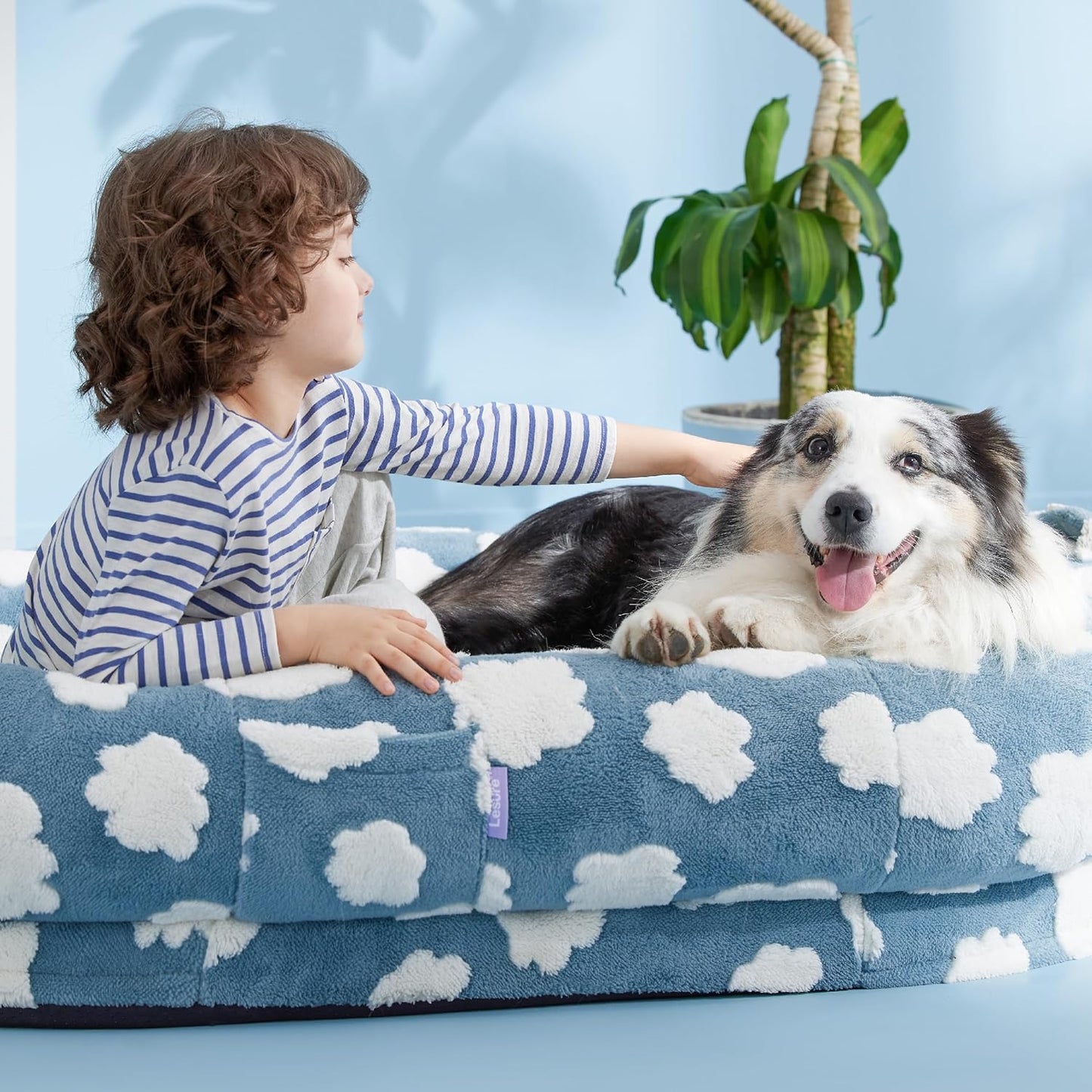 Lesure Human Dog Bed for Adult - Calming Human Size Dog Bed with Egg Foam Supportive Mat and Storage Pocket, Cute Modern Pet Beds with Jacquard Shaggy Plush & Anti Slip Bottom 55x37x10, Blue - Pet Explorer