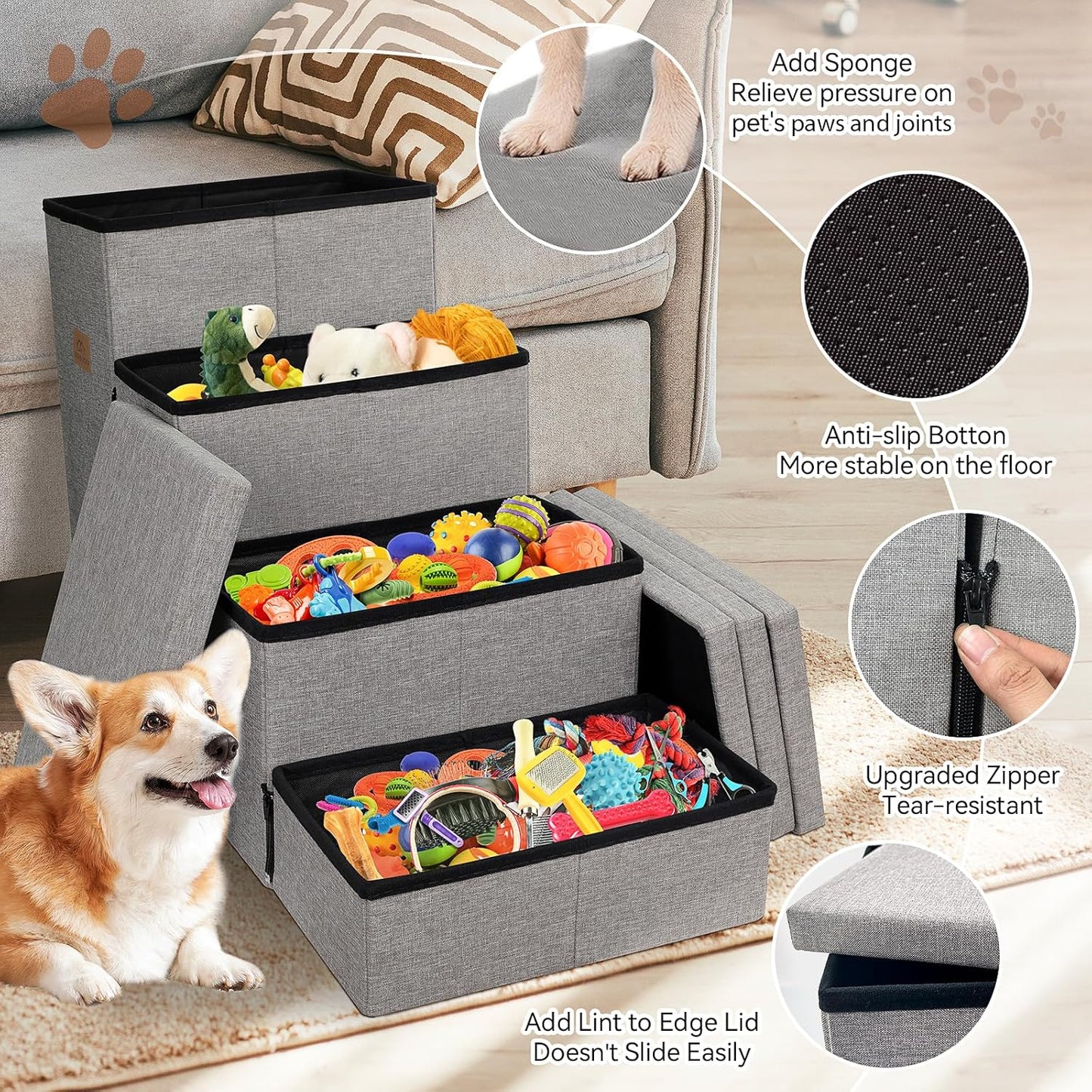 Dog Stairs 23" H, 4-Step Wider Dog Steps for High Beds Window, Folding Storage Pet Stairs Gift for Small/Medium/Large Old Dogs Cats, Ramp for Climbing Car Up to 200 lbs (Gray, with Condo) - Pet Explorer