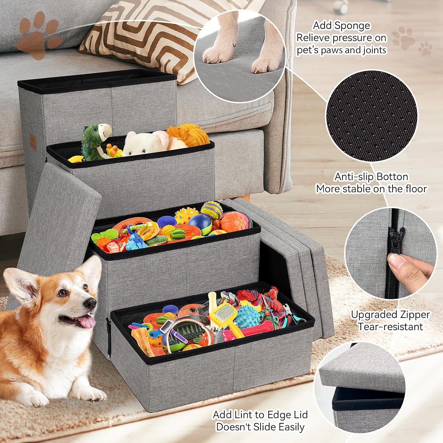 Dog Stairs 23" H, 4-Step Wider Dog Steps for High Beds Window, Folding Storage Pet Stairs Gift for Small/Medium/Large Old Dogs Cats, Ramp for Climbing Car Up to 200 lbs (Gray, with Condo) - Pet Explorer