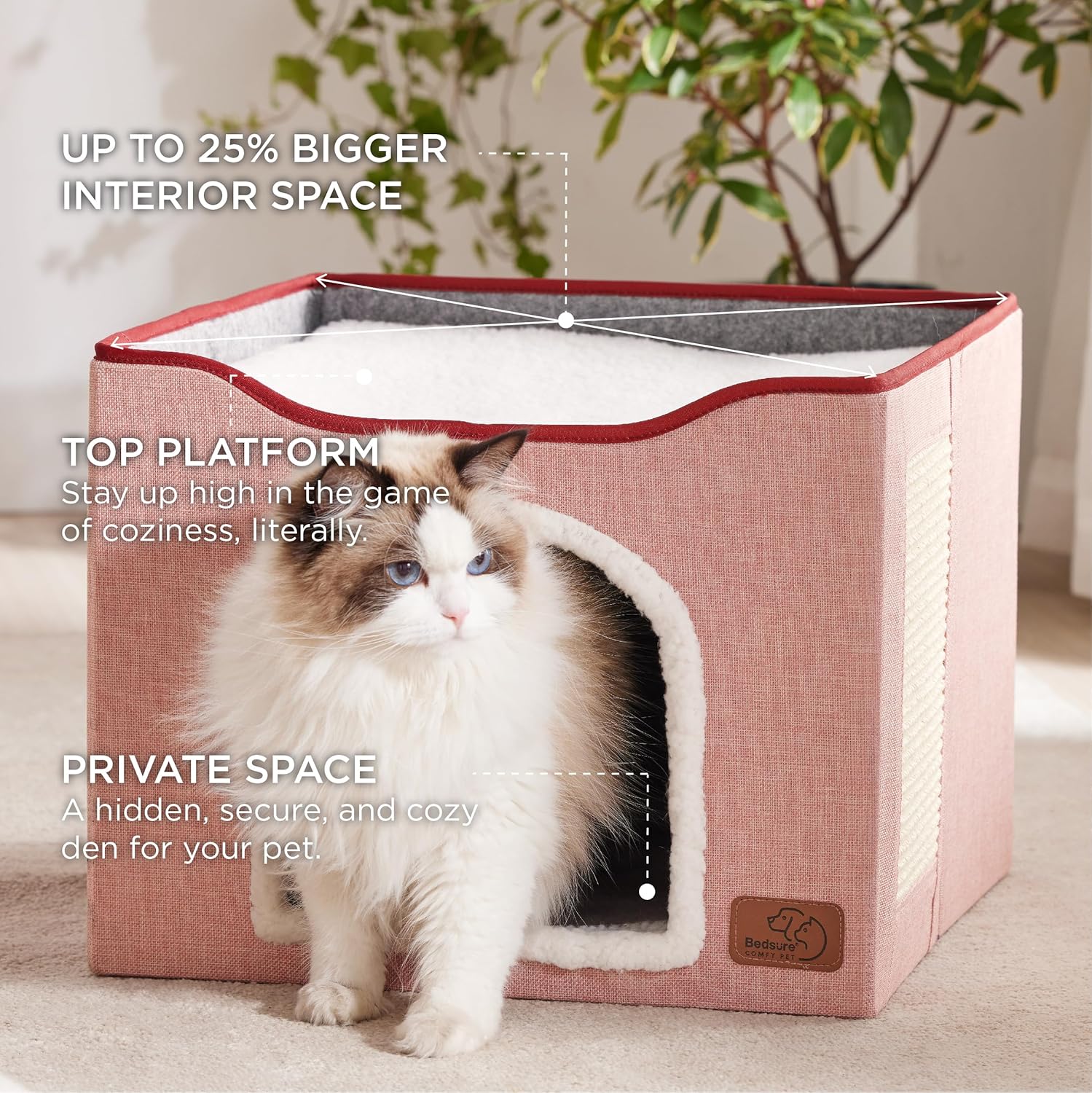 Bedsure Cat Beds for Indoor Cats - Large Cat Cave for Pet Cat House with Fluffy Ball Hanging and Scratch Pad, Foldable Cat Hideaway,16.5x16.5x13 inches, Pink - Pet Explorer