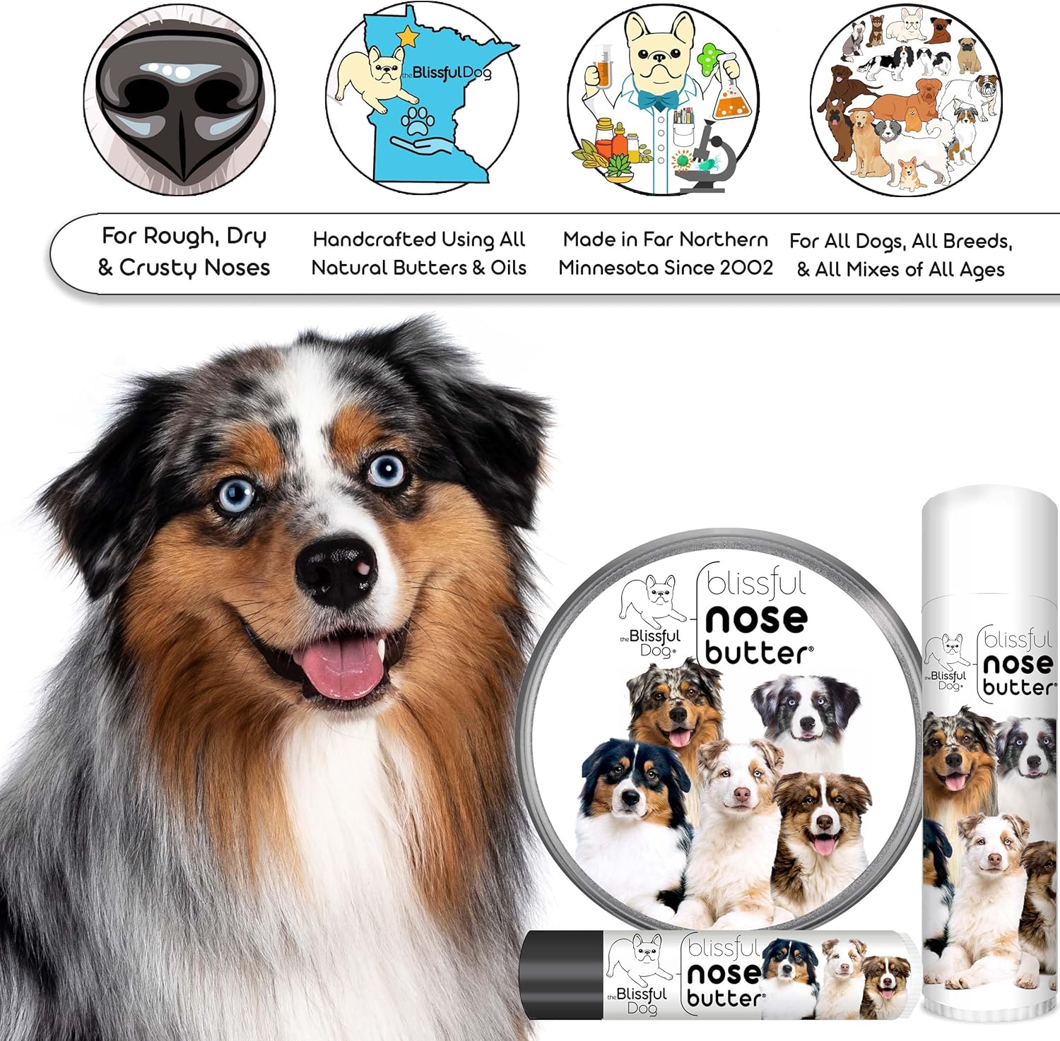 The Blissful Dog Australian Shepherd Nose Butter for Dry, Cracked Skin, Lick-Safe Dog Nose Balm with Moisturizing Shea Butter, Almond, Olive, and Essential Oils, Pet Supplies, Uncented, 0.50 oz. - Pet Explorer