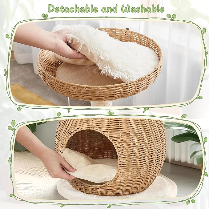 Yaheetech Cat Tree, 29.5in Rattan Cat Tower for Indoor Cats w/Scratching Post, Woven Cat Condo and Soft Cushion Top Perch, Aesthetic Cat Tree for Kittens
