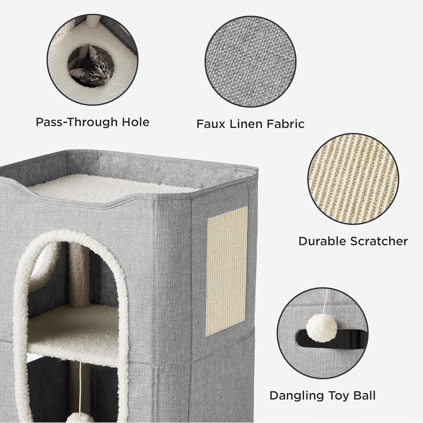 Bedsure 2 Story Cat House - Cat Condos for Indoor Cats with Scratch Pad and Fluffy Ball Hanging, Small Pet Cave Furniture Hideaway for Multi Pets, 18x14x23 inches, Grey - Pet Explorer