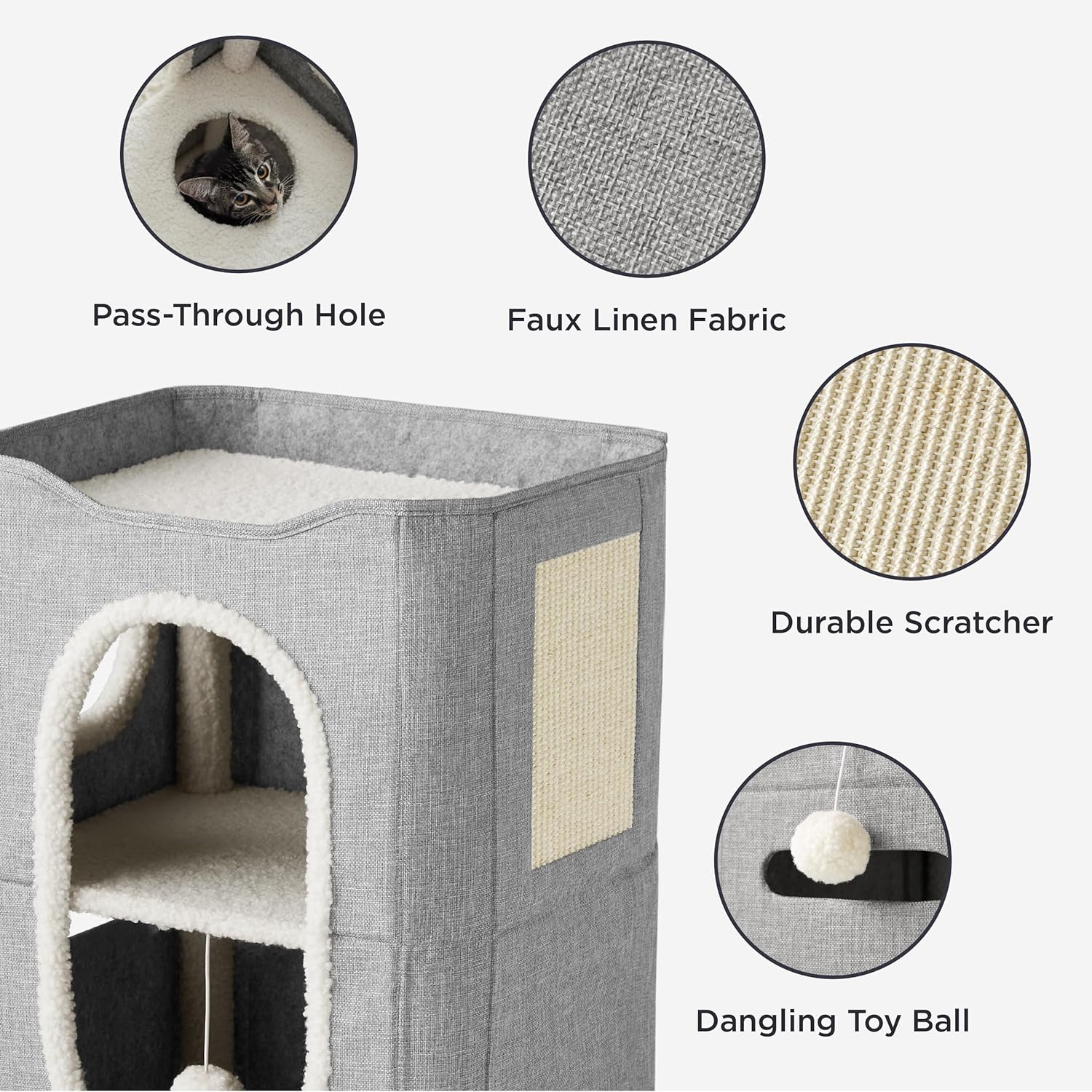 Bedsure 2 Story Cat House - Cat Condos for Indoor Cats with Scratch Pad and Fluffy Ball Hanging, Small Pet Cave Furniture Hideaway for Multi Pets, 18x14x23 inches, Grey - Pet Explorer