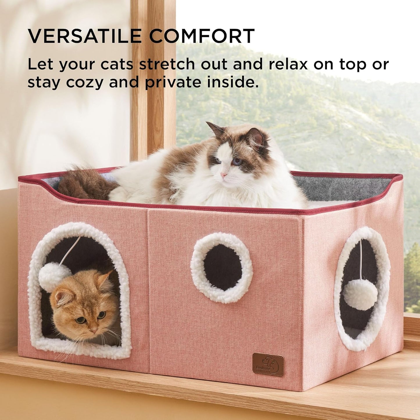 Bedsure Large Cat Beds for Indoor Cats - Extra Wide Cat Cube House for Small Pet with Fluffy Ball Hanging and Scratch Pad, Foldable Pet Cave Hideaway for Multiple Cats, 23.6x16.9x13 inches,Pink - Pet Explorer